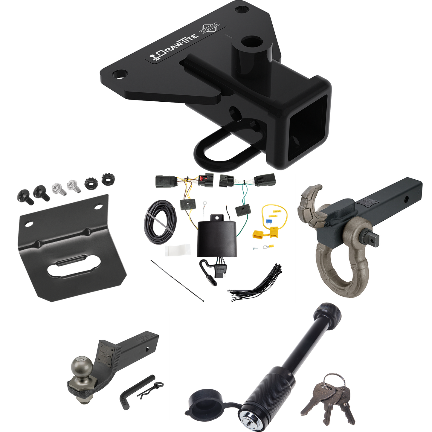 Fits 2020-2023 Jeep Gladiator Trailer Hitch Tow PKG w/ 4-Flat Wiring + Interlock Tactical Starter Kit w/ 2" Drop & 2" Ball + Tactical Hook & Shackle Mount + Tactical Dogbone Lock + Wiring Bracket By Draw-Tite