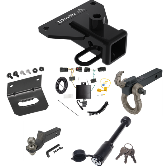 Fits 2020-2023 Jeep Gladiator Trailer Hitch Tow PKG w/ 4-Flat Wiring + Interlock Tactical Starter Kit w/ 2" Drop & 2" Ball + Tactical Hook & Shackle Mount + Tactical Dogbone Lock + Wiring Bracket By Draw-Tite