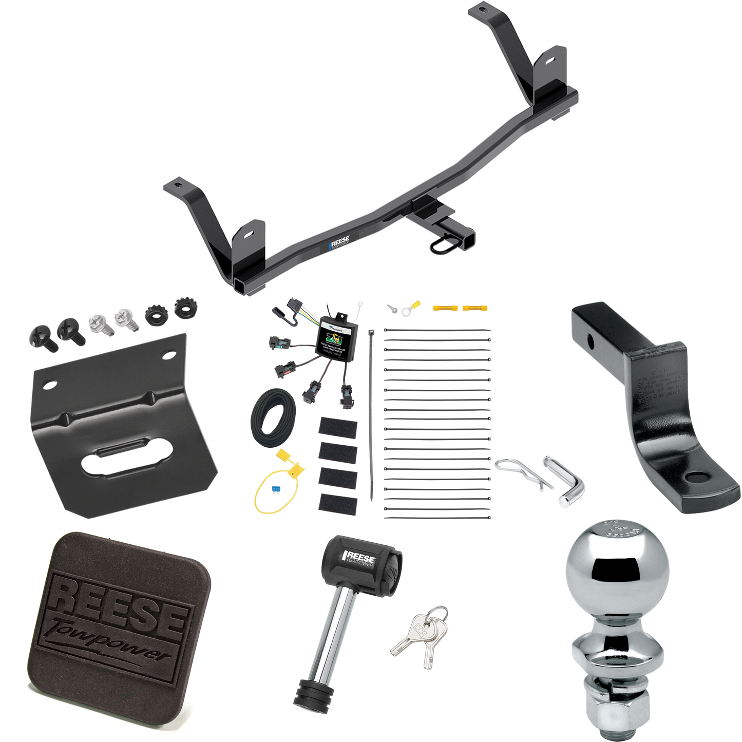 Se adapta al paquete de enganche de remolque Chevrolet Bolt EV 2017-2021 con arnés de cableado de 4 contactos planos "sin empalme" + barra de tracción + bola de 2" + soporte de cableado + cubierta de enganche + bloqueo de enganche de Reese Towpower