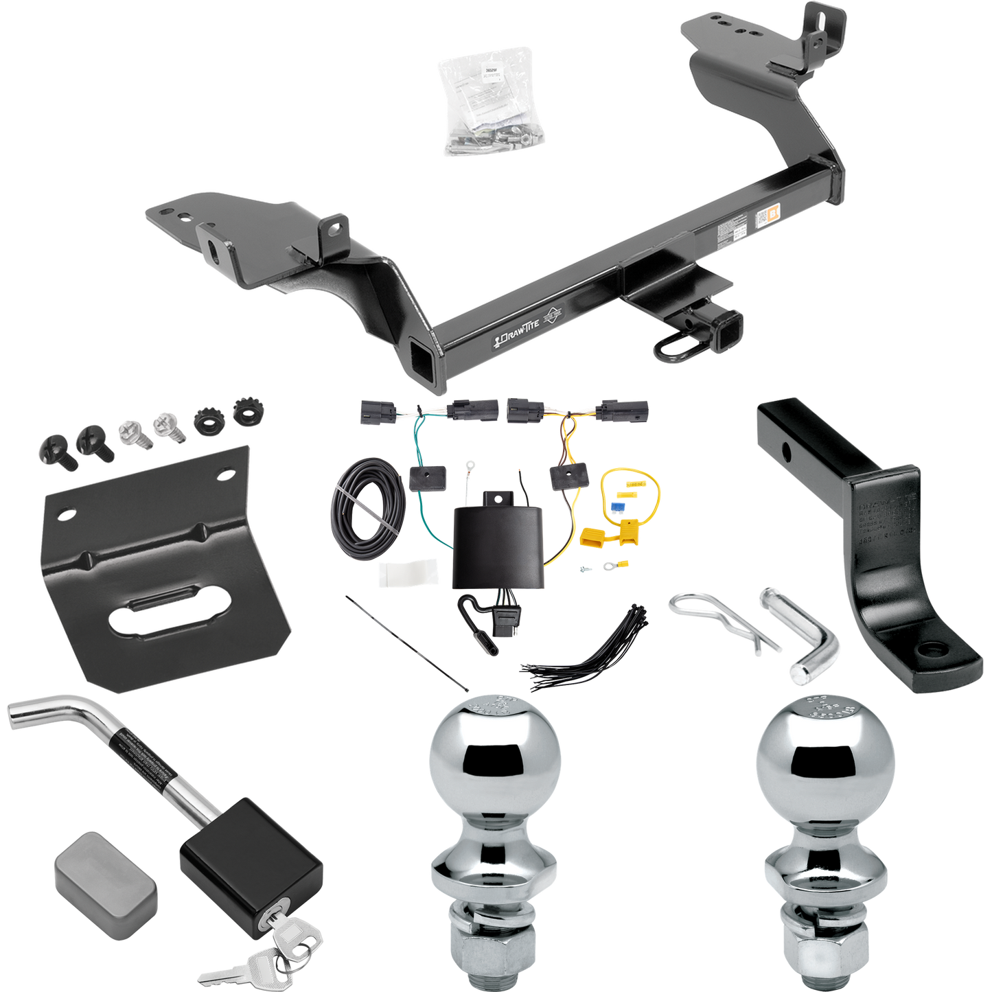 Se adapta al paquete de remolque con enganche para remolque Ford Escape 2019-2019 con arnés de cableado plano de 4 + barra de tracción + bola de 1-7/8" + bola de 2" + soporte de cableado + bloqueo de enganche de Draw-Tite