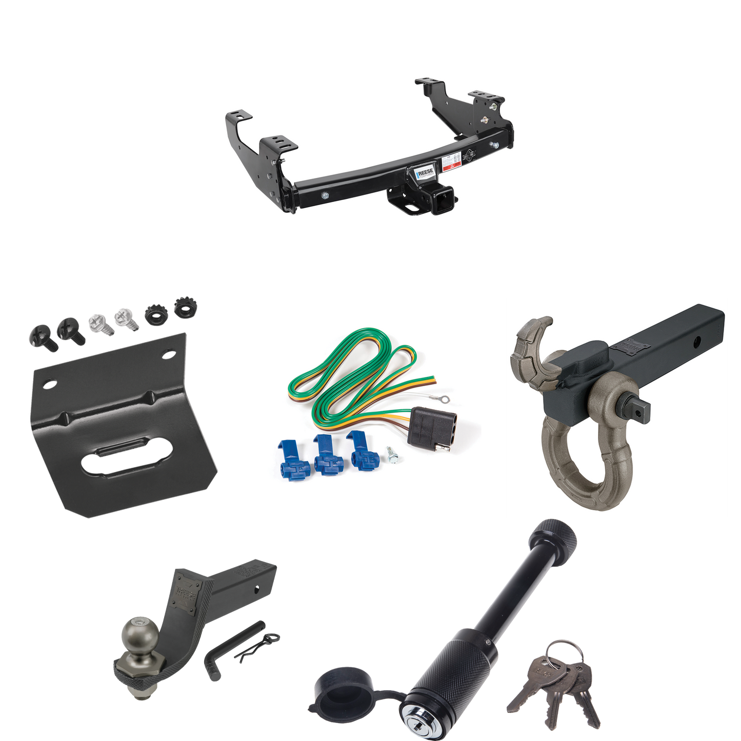 Fits 1992-2000 Chevrolet C/K Series Trailer Hitch Tow PKG w/ 4-Flat Wiring + Interlock Tactical Starter Kit w/ 3-1/4" Drop & 2" Ball + Tactical Hook & Shackle Mount + Tactical Dogbone Lock + Wiring Bracket (For 4 Dr. Crew Cab w/8 ft. Bed Models) By R