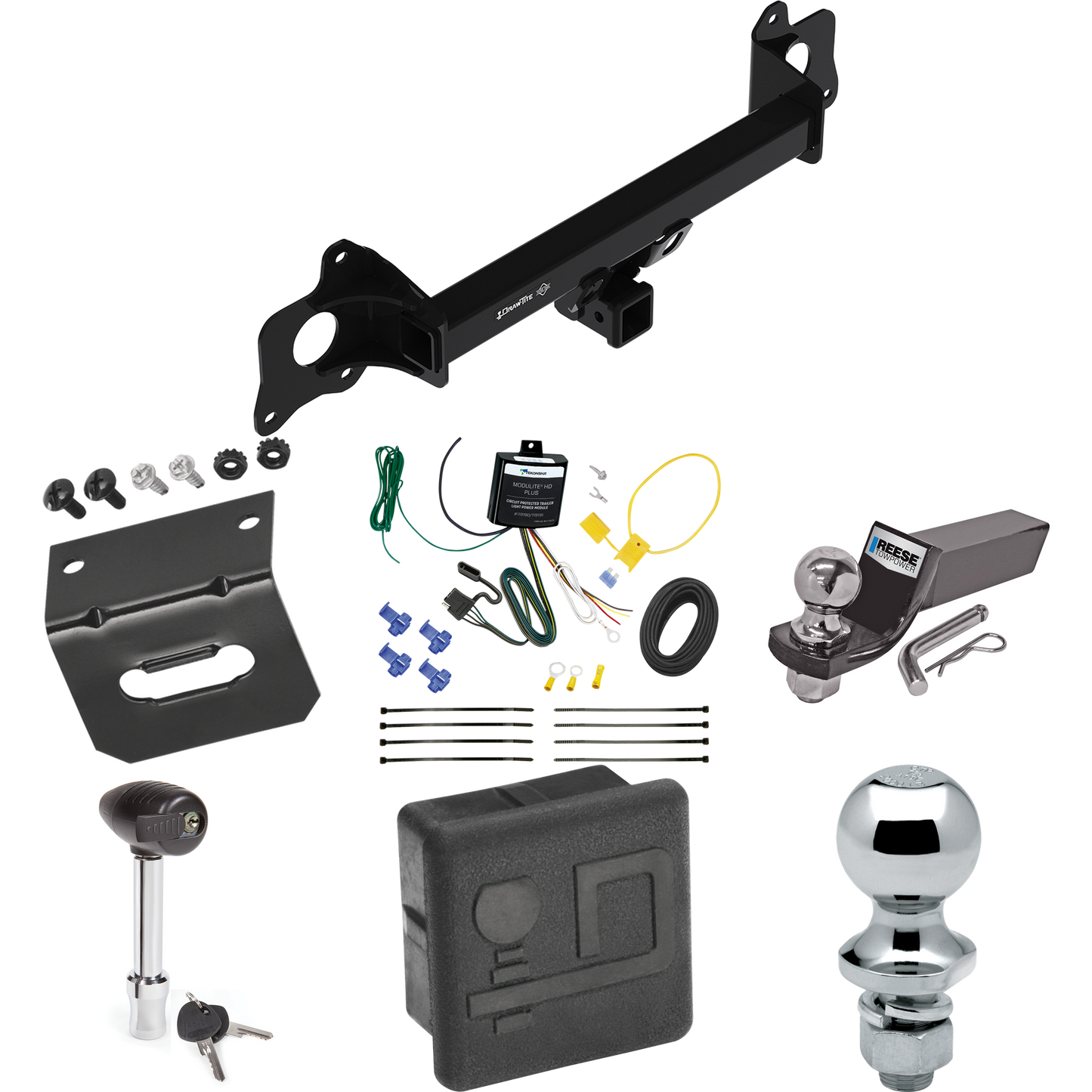 Fits 2020-2020 Tesla Y Trailer Hitch Tow PKG w/ 4-Flat Wiring + Starter Kit Ball Mount w/ 2" Drop & 2" Ball + 1-7/8" Ball + Wiring Bracket + Hitch Lock + Hitch Cover By Draw-Tite