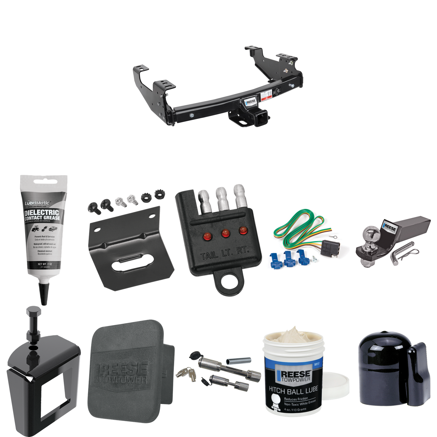 Fits 2004-2005 Ford F-150 Trailer Hitch Tow PKG w/ 4-Flat Wiring + Starter Kit Ball Mount w/ 2" Drop & 2" Ball + 1-7/8" Ball + Wiring Bracket + Dual Hitch & Coupler Locks + Hitch Cover + Wiring Tester + Ball Lube + Electric Grease + Ball Wrench + Ant