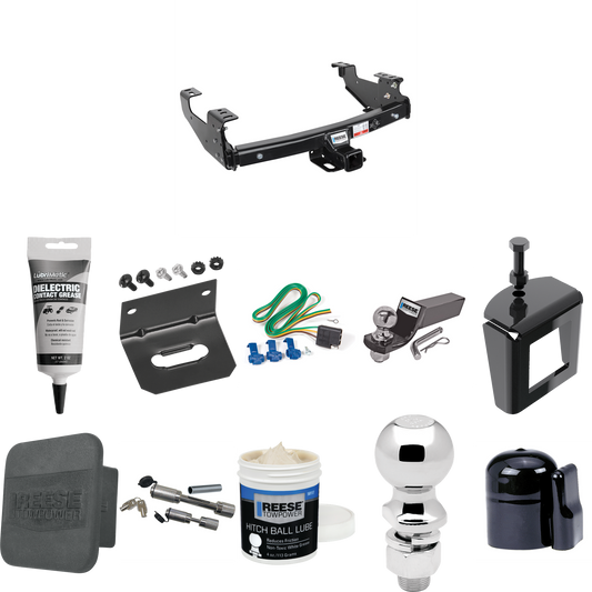 Fits 1992-2000 GMC C/K Series Trailer Hitch Tow PKG w/ 4-Flat Wiring + Starter Kit Ball Mount w/ 2" Drop & 2" Ball + 2-5/16" Ball + Wiring Bracket + Dual Hitch & Coupler Locks + Hitch Cover + Wiring Tester + Ball Lube +Electric Grease + Ball Wrench +