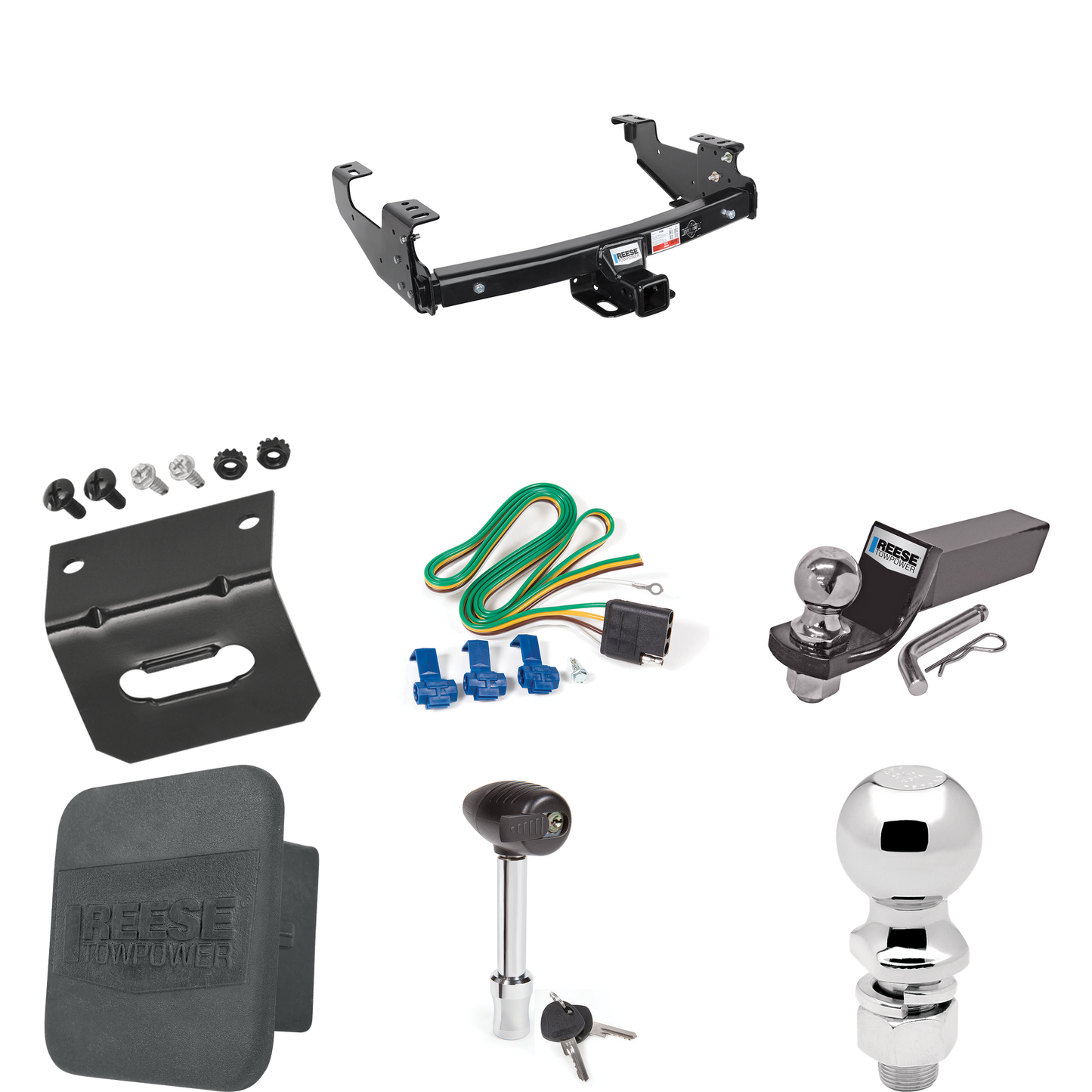 Fits 1988-2000 GMC C/K Series Trailer Hitch Tow PKG w/ 4-Flat Wiring + Starter Kit Ball Mount w/ 2" Drop & 2" Ball + 2-5/16" Ball + Wiring Bracket + Hitch Lock + Hitch Cover (For 2 Dr. Regular & Extended Cabs w/8 ft. Bed Models) By Reese Towpower