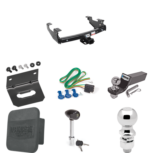 Fits 1988-2000 GMC C/K Series Trailer Hitch Tow PKG w/ 4-Flat Wiring + Starter Kit Ball Mount w/ 2" Drop & 2" Ball + 2-5/16" Ball + Wiring Bracket + Hitch Lock + Hitch Cover (For 2 Dr. Regular & Extended Cabs w/8 ft. Bed Models) By Reese Towpower