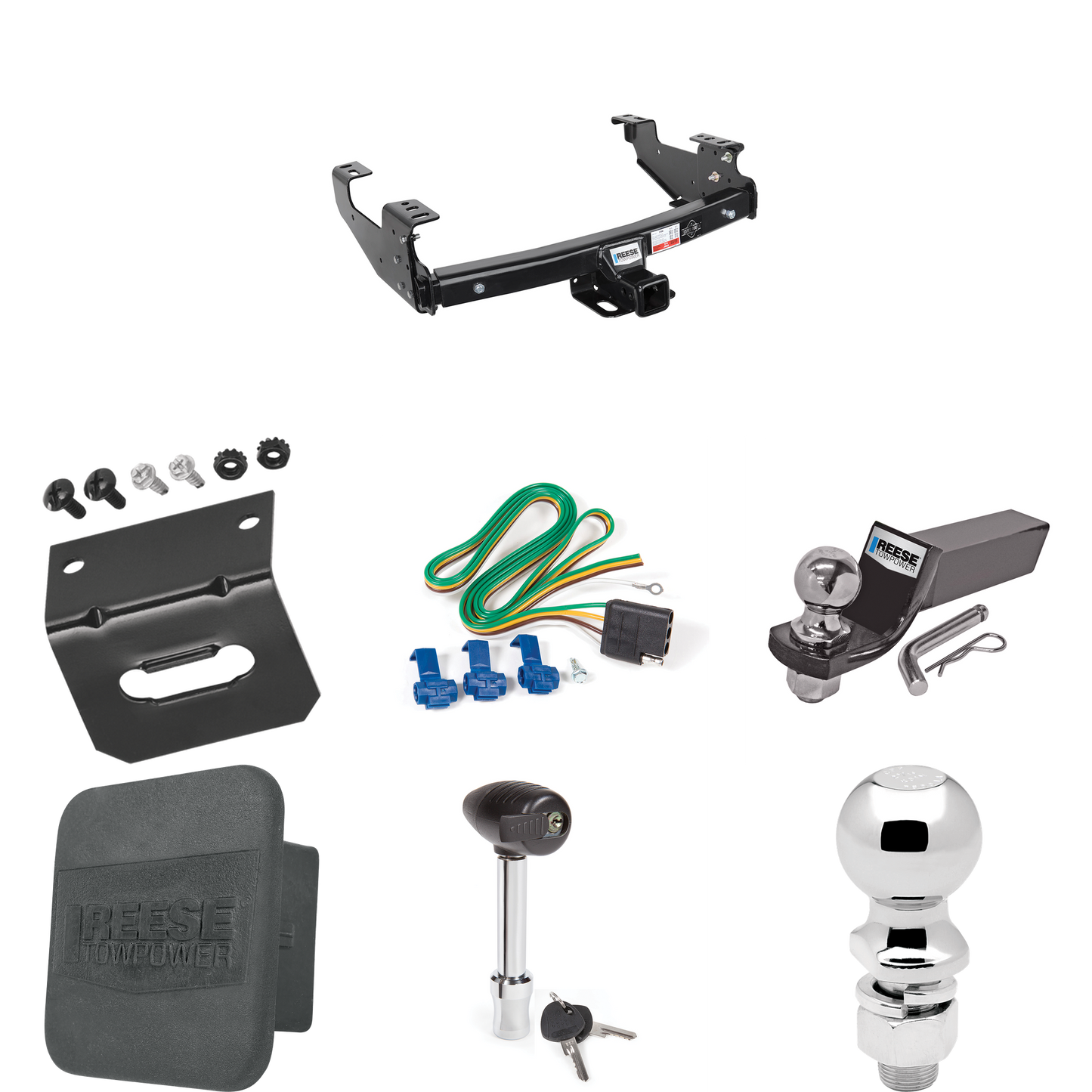 Fits 1999-2004 Ford F-250 Super Duty Trailer Hitch Tow PKG w/ 4-Flat Wiring + Starter Kit Ball Mount w/ 2" Drop & 2" Ball + 2-5/16" Ball + Wiring Bracket + Hitch Lock + Hitch Cover (Excludes: Cab & Chassis Models) By Reese Towpower