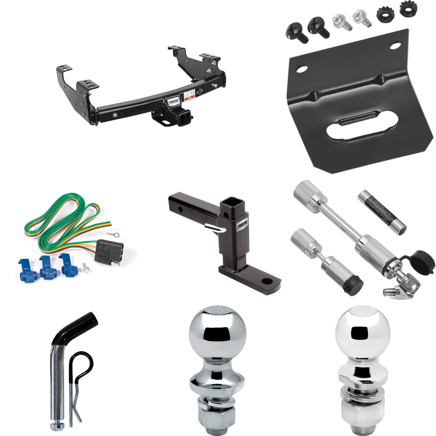 Fits 1992-2000 Chevrolet C/K Series Trailer Hitch Tow PKG w/ 4-Flat Wiring Harness + Adjustable Drop Rise Ball Mount + Pin/Clip + 2" Ball + 1-7/8" Ball + Dual Hitch & Coupler Locks (For 4 Dr. Crew Cab w/8 ft. Bed Models) By Reese Towpower