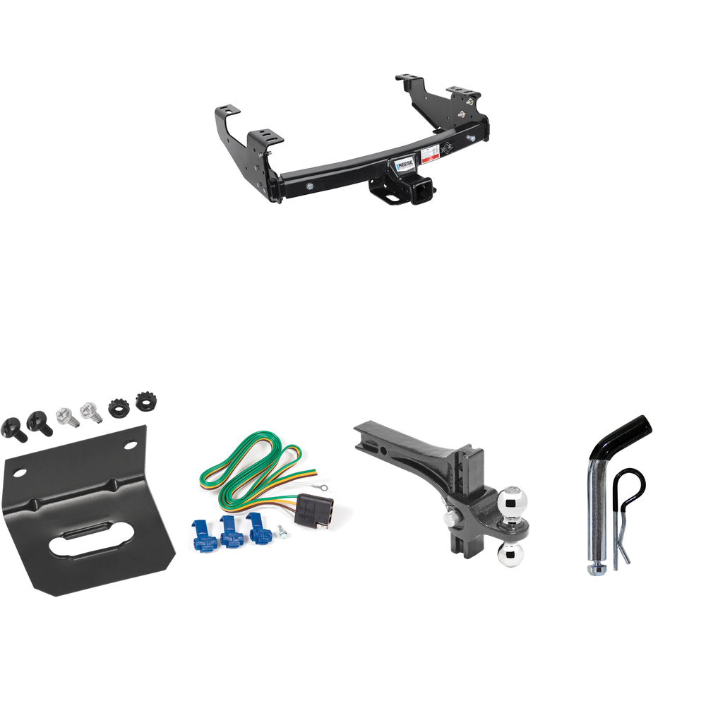 Fits 1988-2000 GMC C/K Series Trailer Hitch Tow PKG w/ 4-Flat Wiring Harness + Dual Adjustable Drop Rise Ball Ball Mount 2" & 2-5/16" Trailer Balls + Pin/Clip + Wiring Bracket (For 2 Dr. Regular & Extended Cabs w/8 ft. Bed Models) By Reese Towpower