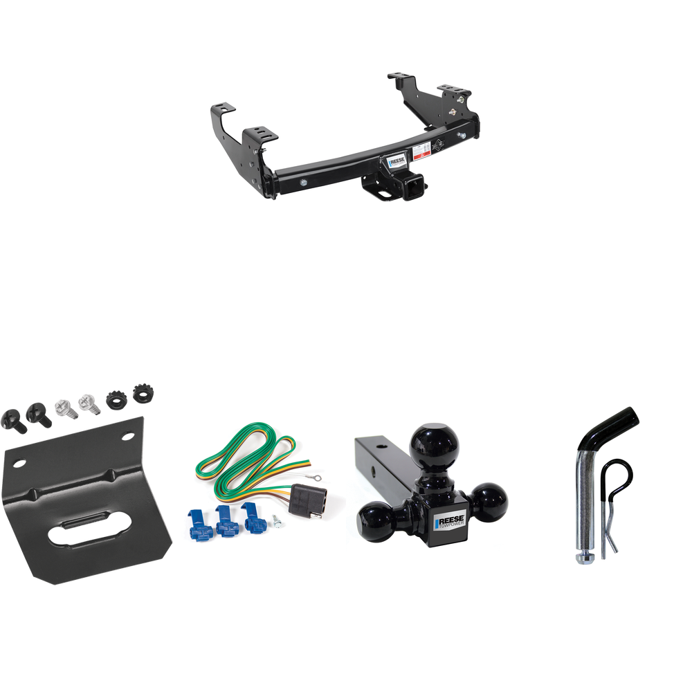 Fits 1999-2004 Ford F-350 Super Duty Trailer Hitch Tow PKG w/ 4-Flat Wiring Harness + Triple Ball Ball Mount 1-7/8" & 2" & 2-5/16" Trailer Balls + Pin/Clip + Wiring Bracket (Excludes: Cab & Chassis Models) By Reese Towpower