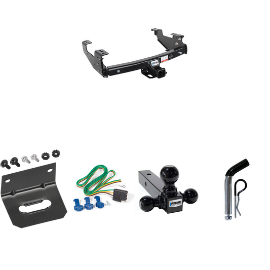 Fits 1999-2004 Ford F-350 Super Duty Trailer Hitch Tow PKG w/ 4-Flat Wiring Harness + Triple Ball Ball Mount 1-7/8" & 2" & 2-5/16" Trailer Balls + Pin/Clip + Wiring Bracket (Excludes: Cab & Chassis Models) By Reese Towpower