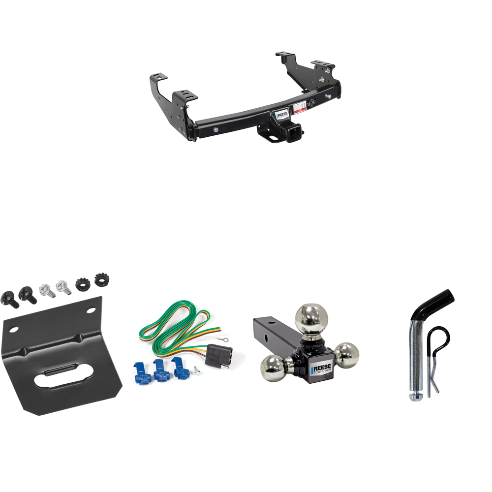 Fits 1988-2000 Chevrolet C/K Series Trailer Hitch Tow PKG w/ 4-Flat Wiring Harness + Triple Ball Ball Mount 1-7/8" & 2" & 2-5/16" Trailer Balls + Pin/Clip + Wiring Bracket (For 2 Dr. Regular & Extended Cabs w/8 ft. Bed Models) By Reese Towpower