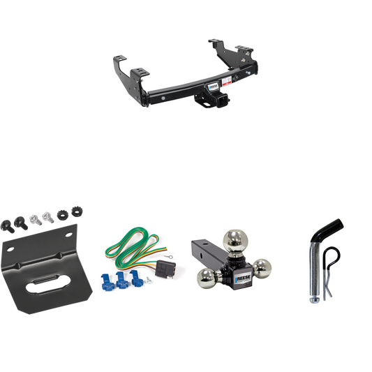 Fits 1988-2000 Chevrolet C/K Series Trailer Hitch Tow PKG w/ 4-Flat Wiring Harness + Triple Ball Ball Mount 1-7/8" & 2" & 2-5/16" Trailer Balls + Pin/Clip + Wiring Bracket (For 2 Dr. Regular & Extended Cabs w/8 ft. Bed Models) By Reese Towpower