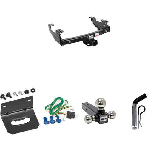 Fits 1992-2000 GMC C/K Series Trailer Hitch Tow PKG w/ 4-Flat Wiring Harness + Triple Ball Ball Mount 1-7/8" & 2" & 2-5/16" Trailer Balls + Pin/Clip + Wiring Bracket (For 4 Dr. Crew Cab w/8 ft. Bed Models) By Reese Towpower