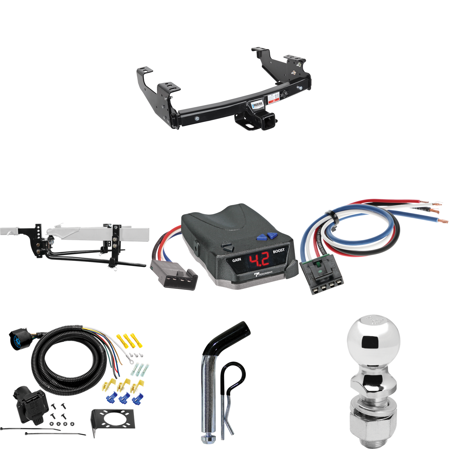 Fits 1988-2000 Chevrolet C/K Series Trailer Hitch Tow PKG w/ 8K Round Bar Weight Distribution Hitch w/ 2-5/16" Ball + 2" Ball + Pin/Clip + Tekonsha BRAKE-EVN Brake Control + Generic BC Wiring Adapter + 7-Way RV Wiring (For 2 Dr. Regular & Extended Ca