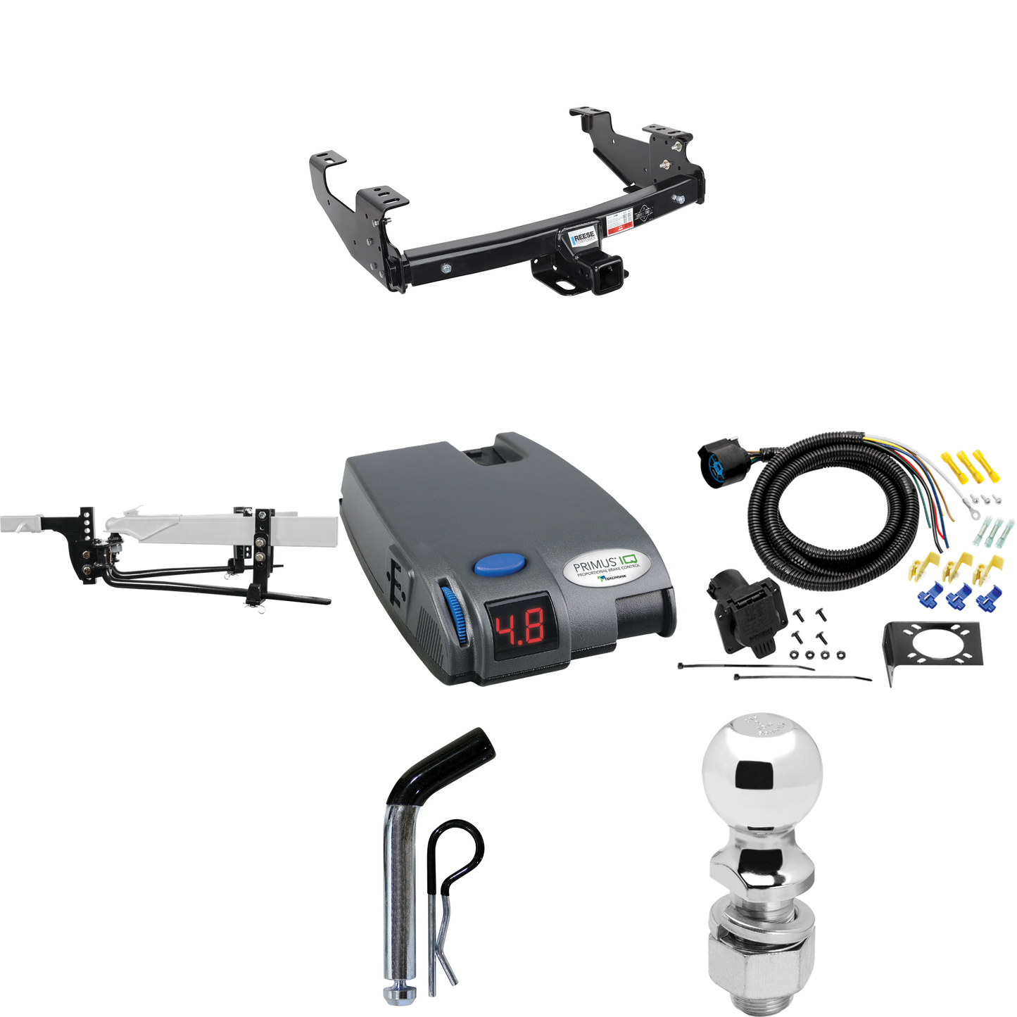 Fits 1988-2000 Chevrolet C/K Series Trailer Hitch Tow PKG w/ 8K Round Bar Weight Distribution Hitch w/ 2-5/16" Ball + 2" Ball + Pin/Clip + Tekonsha Primus IQ Brake Control + 7-Way RV Wiring (For 2 Dr. Regular & Extended Cabs w/8 ft. Bed Models) By Re