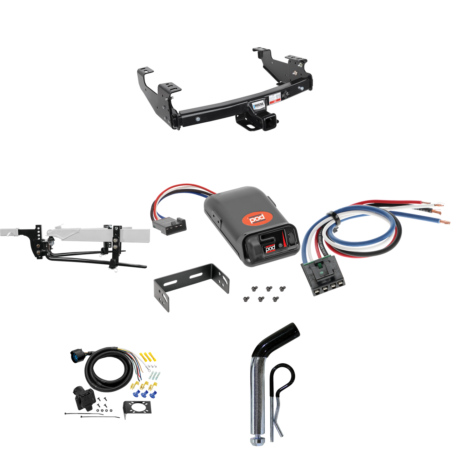 Fits 1988-2000 GMC C/K Series Trailer Hitch Tow PKG w/ 8K Round Bar Weight Distribution Hitch w/ 2-5/16" Ball + Pin/Clip + Pro Series POD Brake Control + Generic BC Wiring Adapter + 7-Way RV Wiring (For 2 Dr. Regular & Extended Cabs w/8 ft. Bed Model