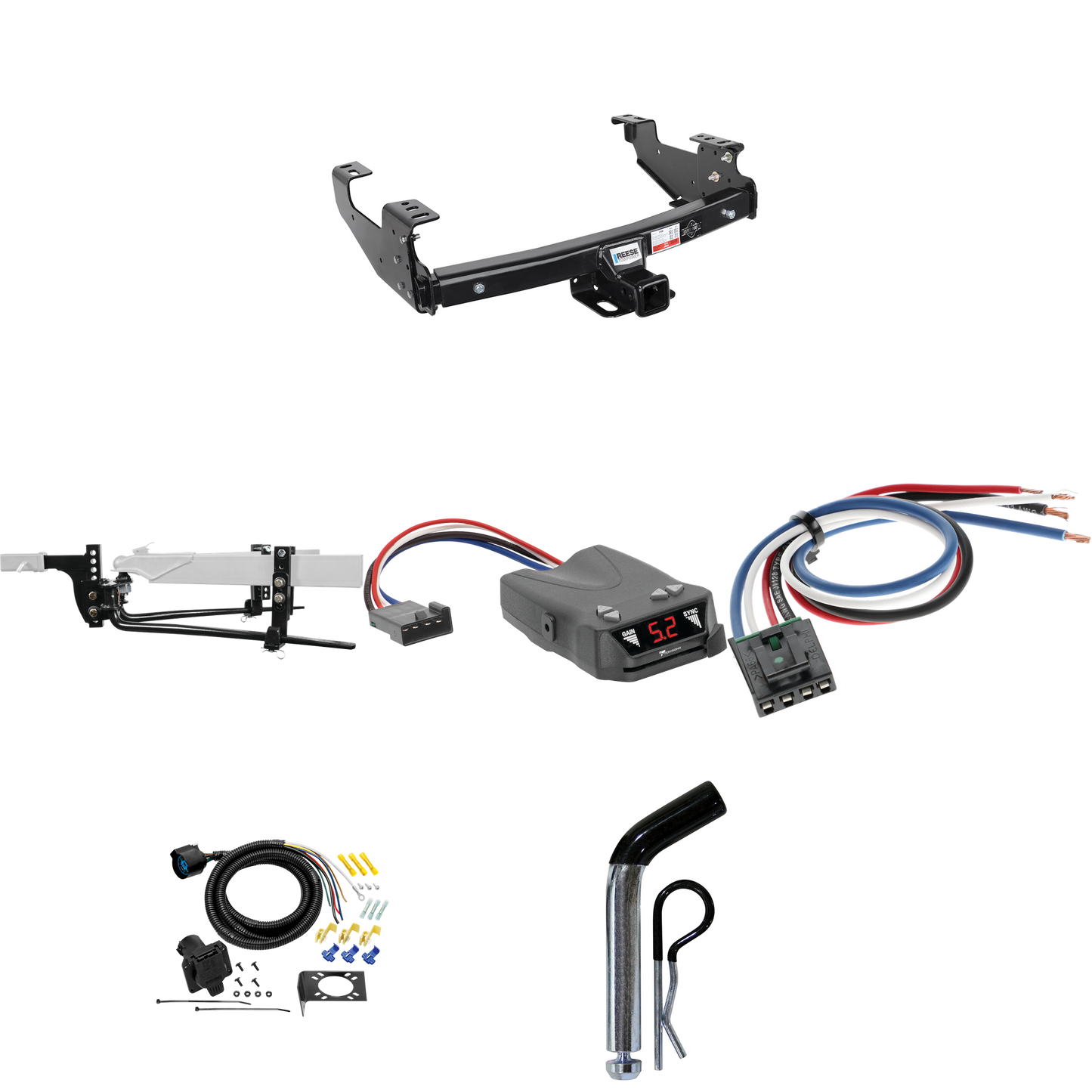 Fits 1988-2000 Chevrolet C/K Series Trailer Hitch Tow PKG w/ 8K Round Bar Weight Distribution Hitch w/ 2-5/16" Ball + Pin/Clip + Tekonsha Brakeman IV Brake Control + Generic BC Wiring Adapter + 7-Way RV Wiring (For 2 Dr. Regular & Extended Cabs w/6 f