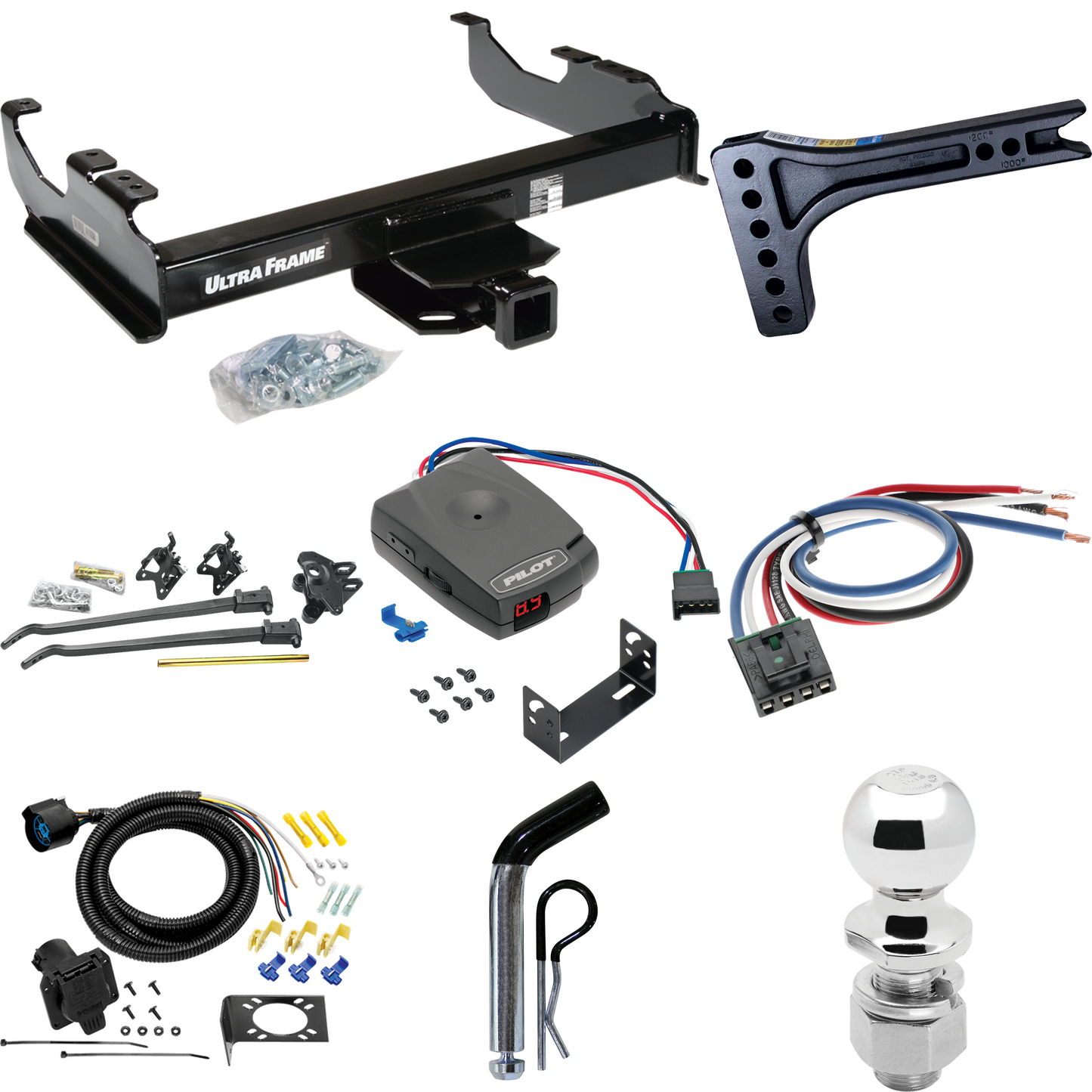 Fits 1963-1984 Chevrolet C30 Trailer Hitch Tow PKG w/ 15K Trunnion Bar Weight Distribution Hitch + Pin/Clip + 2-5/16" Ball + Pro Series Pilot Brake Control + Generic BC Wiring Adapter + 7-Way RV Wiring By Draw-Tite