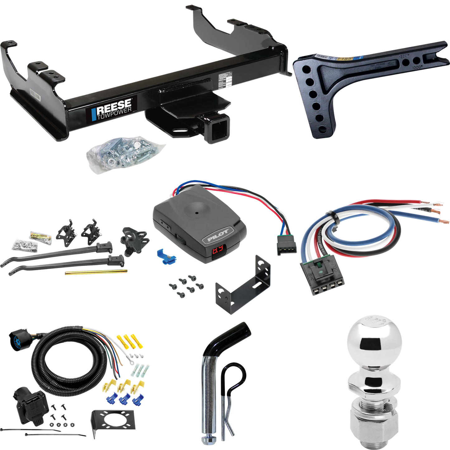 Fits 1985-2000 GMC C2500 Trailer Hitch Tow PKG w/ 15K Trunnion Bar Weight Distribution Hitch + Pin/Clip + 2-5/16" Ball + Pro Series Pilot Brake Control + Generic BC Wiring Adapter + 7-Way RV Wiring (For w/34" Wide Frames Models) By Reese Towpower