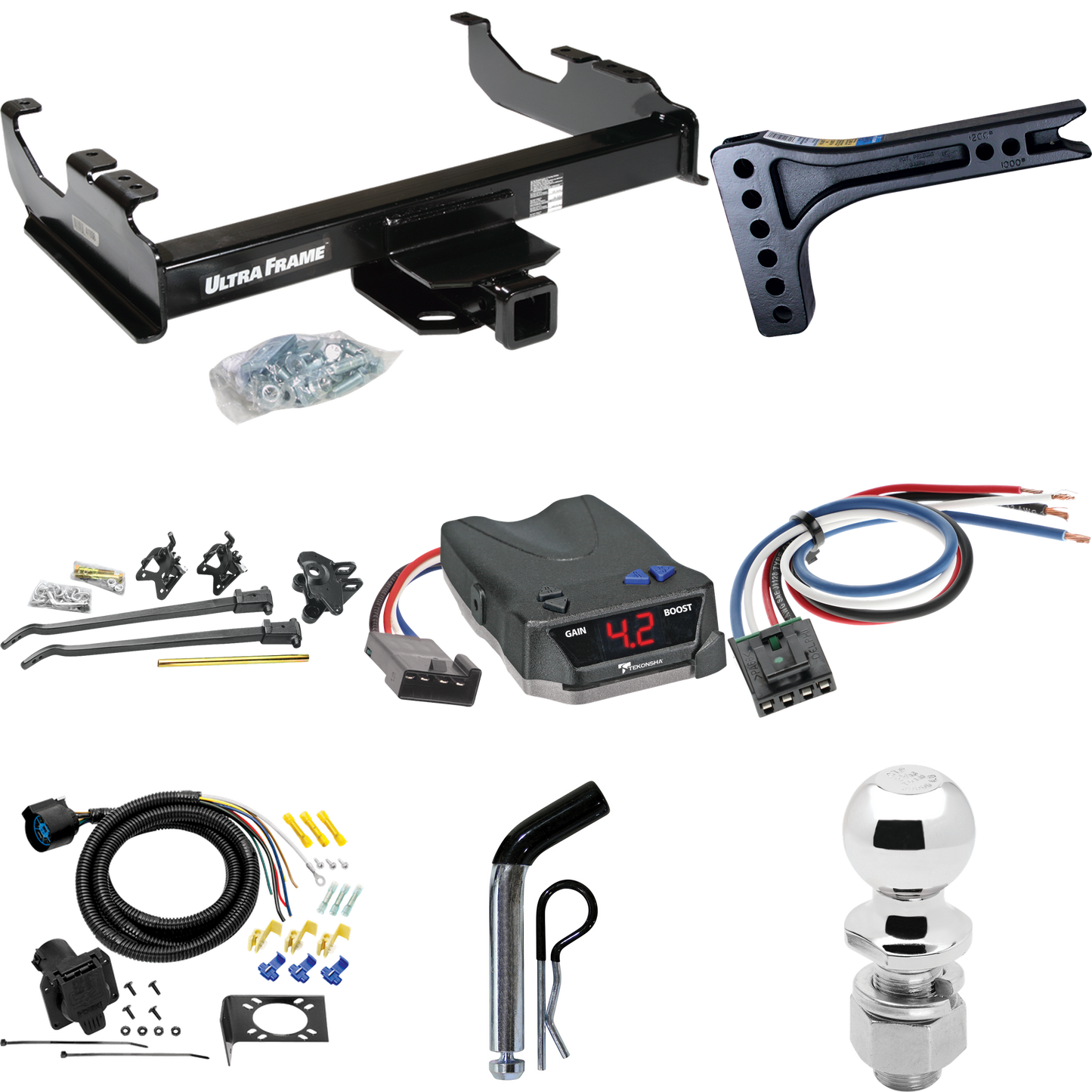 Fits 1963-1984 Chevrolet K20 Trailer Hitch Tow PKG w/ 15K Trunnion Bar Weight Distribution Hitch + Pin/Clip + 2-5/16" Ball + Tekonsha BRAKE-EVN Brake Control + Generic BC Wiring Adapter + 7-Way RV Wiring By Draw-Tite