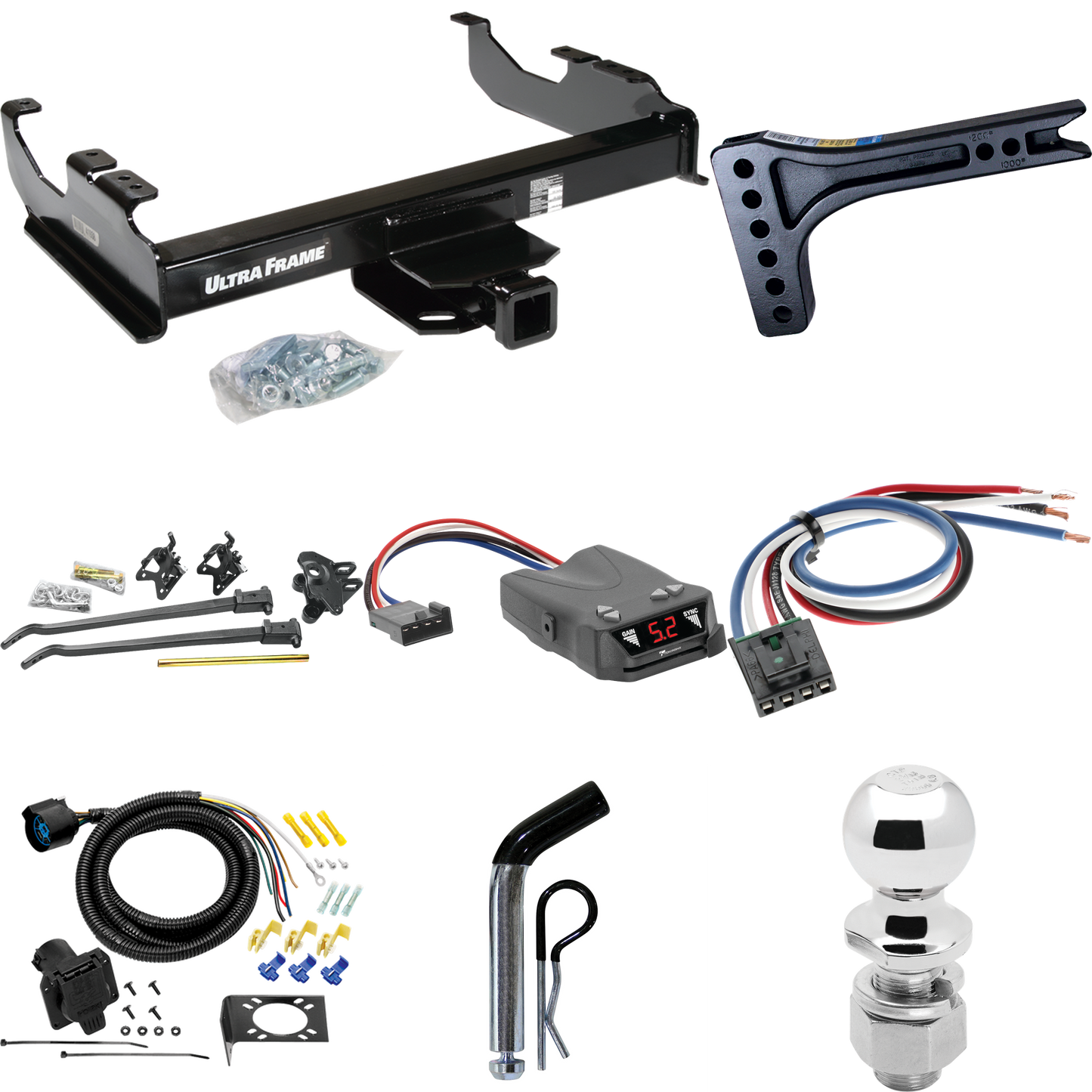 Fits 1985-1986 Chevrolet K20 Trailer Hitch Tow PKG w/ 15K Trunnion Bar Weight Distribution Hitch + Pin/Clip + 2-5/16" Ball + Tekonsha Brakeman IV Brake Control + Generic BC Wiring Adapter + 7-Way RV Wiring (For w/34" Wide Frames Models) By Draw-Tite