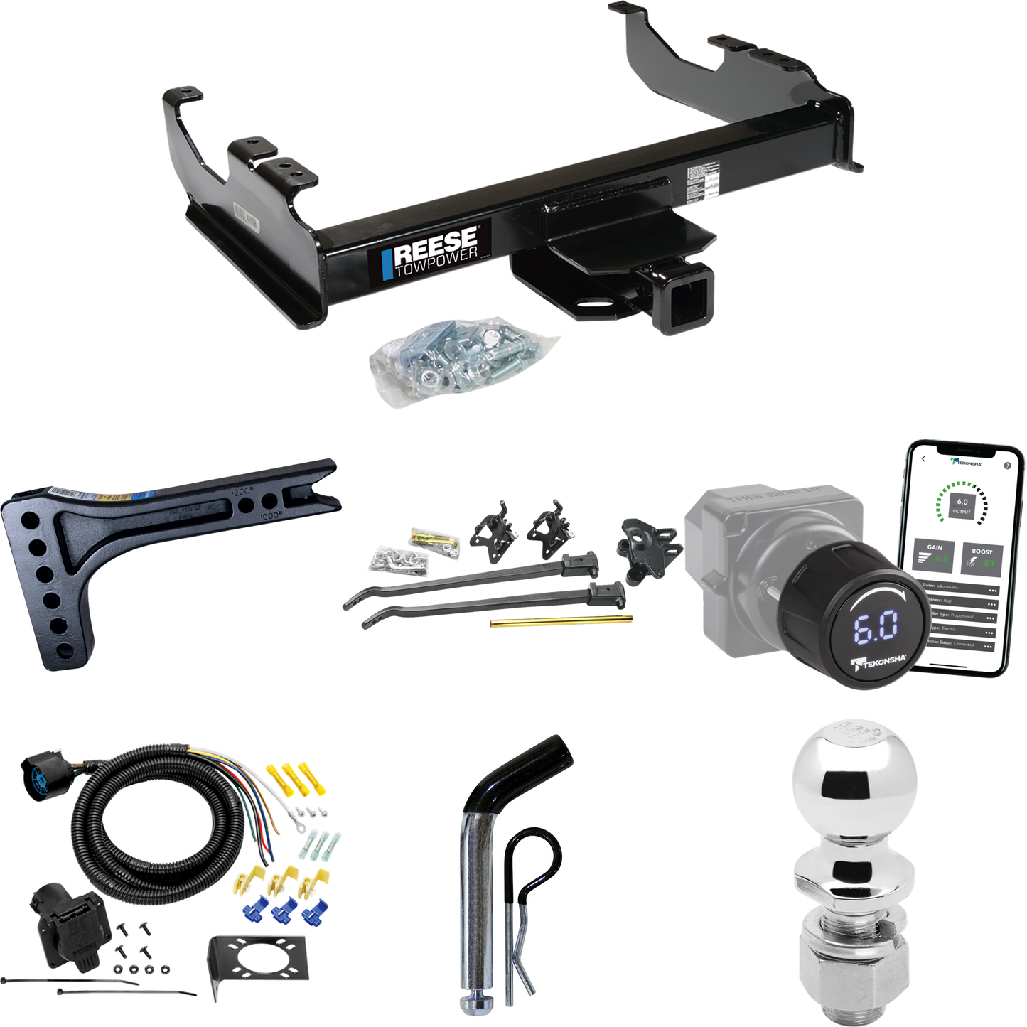 Fits 1988-1999 GMC K1500 Trailer Hitch Tow PKG w/ 15K Trunnion Bar Weight Distribution Hitch + Pin/Clip + 2-5/16" Ball + Tekonsha Prodigy iD Bluetooth Wireless Brake Control + 7-Way RV Wiring (For w/34" Wide Frames Models) By Reese Towpower