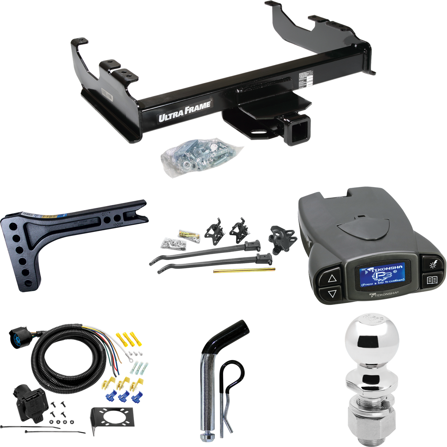 Fits 1985-1986 GMC K2500 Trailer Hitch Tow PKG w/ 15K Trunnion Bar Weight Distribution Hitch + Pin/Clip + 2-5/16" Ball + Tekonsha Prodigy P3 Brake Control + 7-Way RV Wiring (For w/34" Wide Frames Models) By Draw-Tite