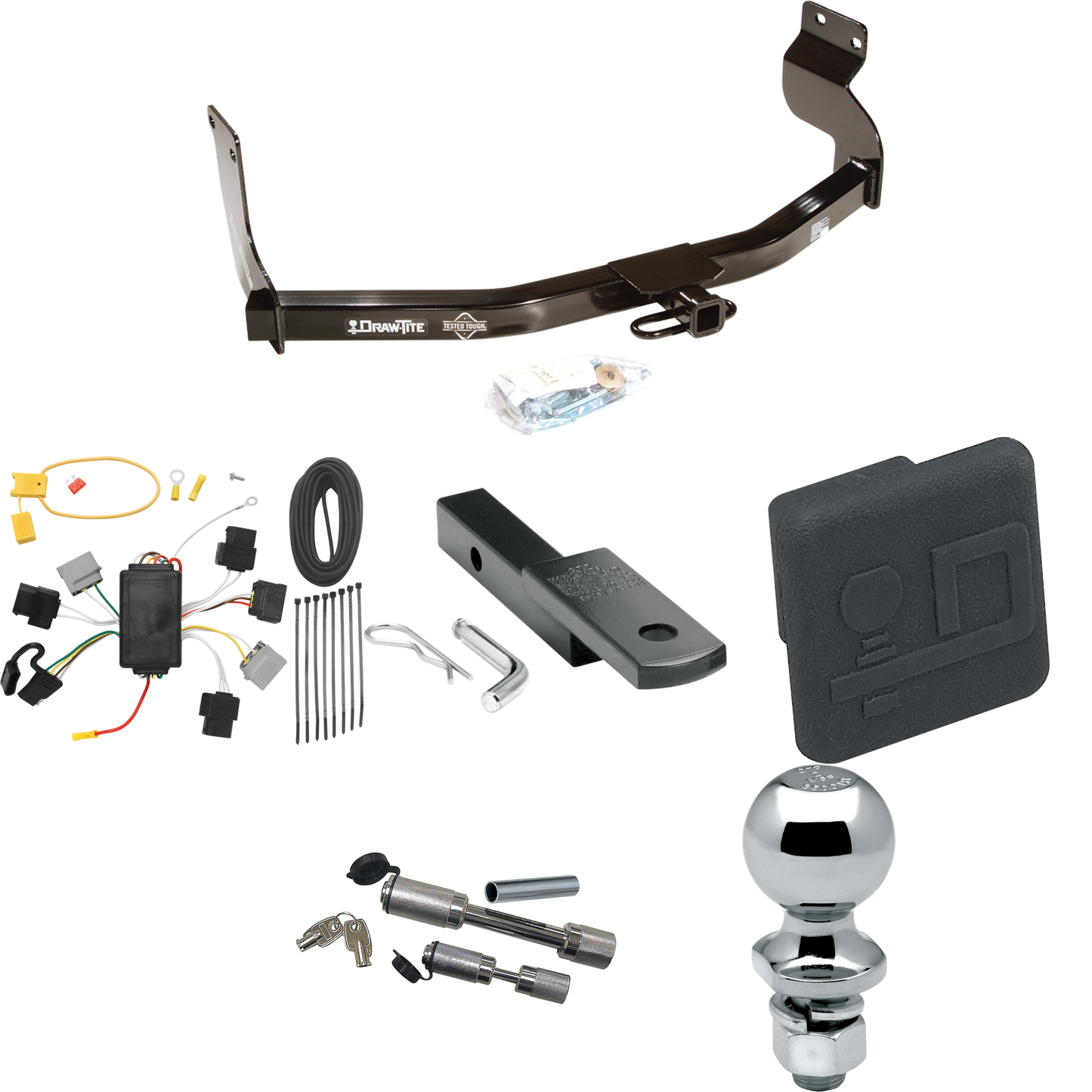 Se adapta al paquete de remolque con enganche para remolque Ford Escape 2005-2007 con arnés de cableado plano de 4 + barra de tracción + bola de 2" + cubierta de enganche + enganche doble y cerraduras de acoplador de Draw-Tite