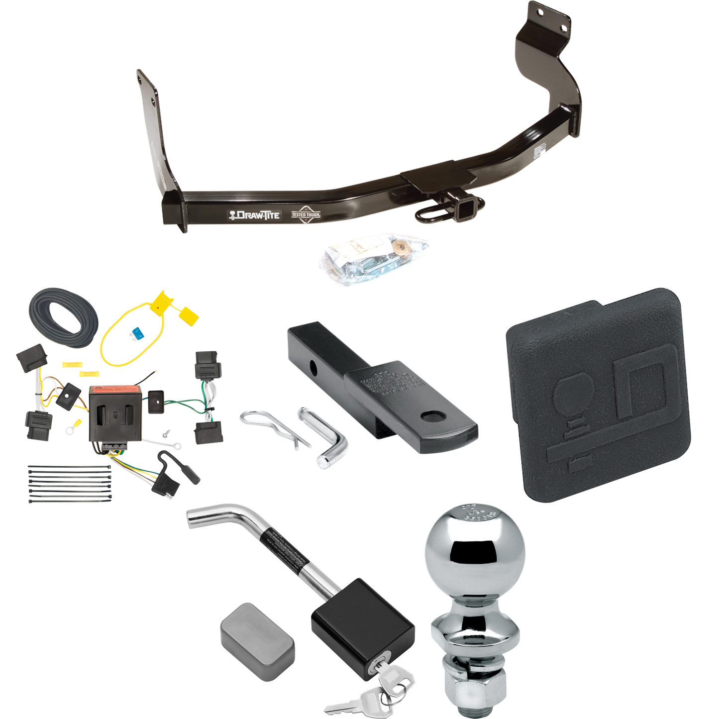 Se adapta al paquete de enganche de remolque Mercury Mariner 2005-2011 con arnés de cableado plano de 4 + barra de tracción + bola de 2" + cubierta de enganche + bloqueo de enganche de Draw-Tite