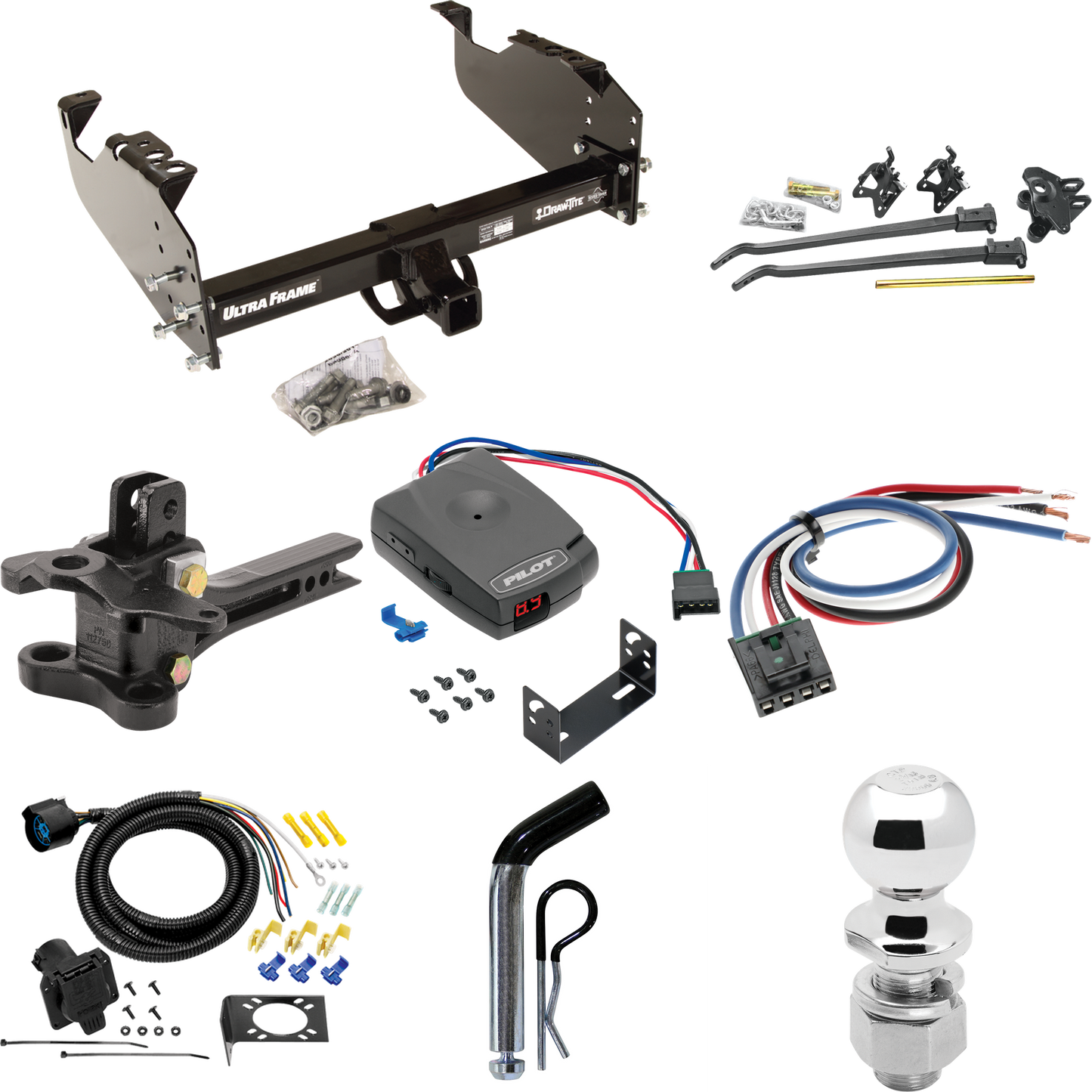 Fits 1985-1986 Chevrolet K20 Trailer Hitch Tow PKG w/ 17K Trunnion Bar Weight Distribution Hitch + Pin/Clip + 2-5/16" Ball + Pro Series Pilot Brake Control + Generic BC Wiring Adapter + 7-Way RV Wiring (For w/34" Wide Frames Models) By Draw-Tite