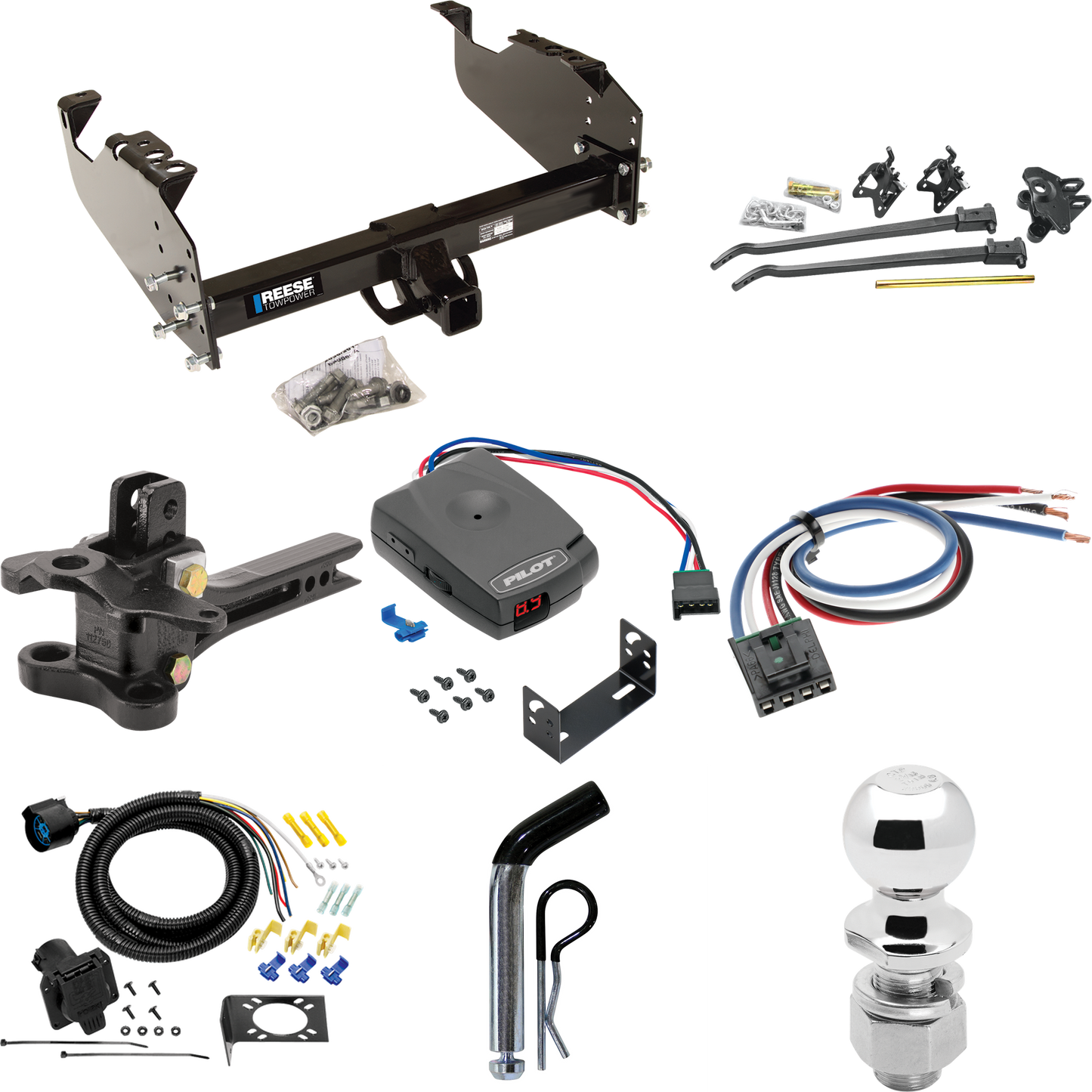 Fits 1985-1986 Chevrolet K30 Trailer Hitch Tow PKG w/ 17K Trunnion Bar Weight Distribution Hitch + Pin/Clip + 2-5/16" Ball + Pro Series Pilot Brake Control + Generic BC Wiring Adapter + 7-Way RV Wiring (For w/34" Wide Frames Models) By Reese Towpower