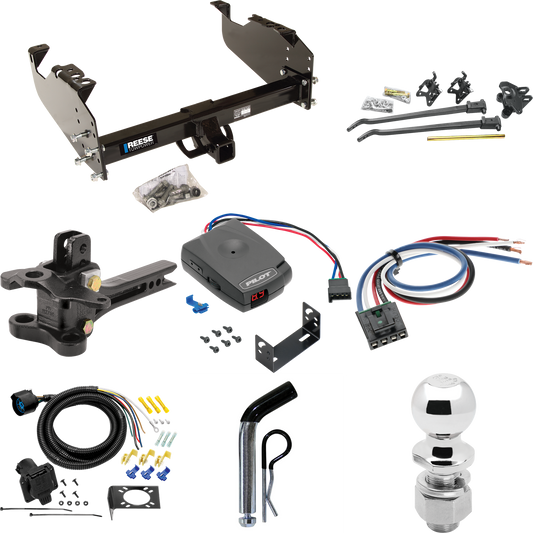 Fits 1985-1999 GMC C1500 Trailer Hitch Tow PKG w/ 17K Trunnion Bar Weight Distribution Hitch + Pin/Clip + 2-5/16" Ball + Pro Series Pilot Brake Control + Generic BC Wiring Adapter + 7-Way RV Wiring (For w/34" Wide Frames Models) By Reese Towpower