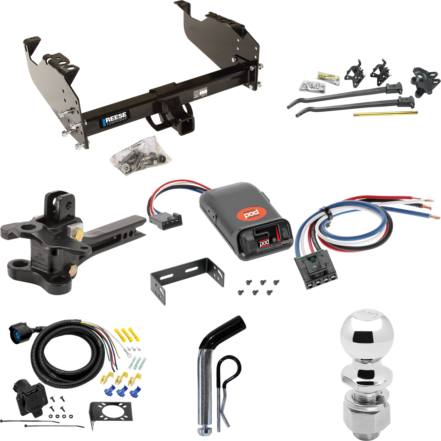 Fits 1985-2000 GMC C2500 Trailer Hitch Tow PKG w/ 17K Trunnion Bar Weight Distribution Hitch + Pin/Clip + 2-5/16" Ball + Pro Series POD Brake Control + Generic BC Wiring Adapter + 7-Way RV Wiring (For w/34" Wide Frames Models) By Reese Towpower