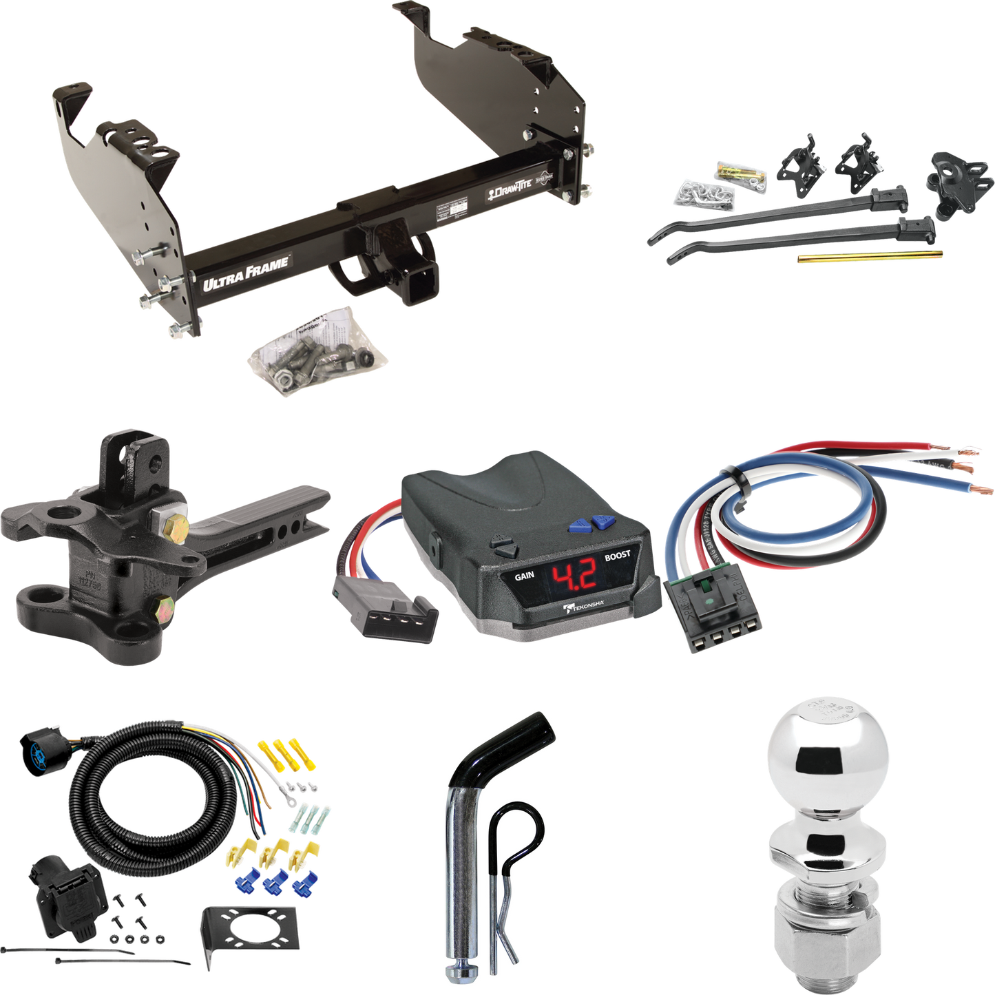 Fits 2003-2009 GMC C5500 Topkick Trailer Hitch Tow PKG w/ 17K Trunnion Bar Weight Distribution Hitch + Pin/Clip + 2-5/16" Ball + Tekonsha BRAKE-EVN Brake Control + Generic BC Wiring Adapter + 7-Way RV Wiring (For Cab & Chassis, w/34" Wide Frames Mode