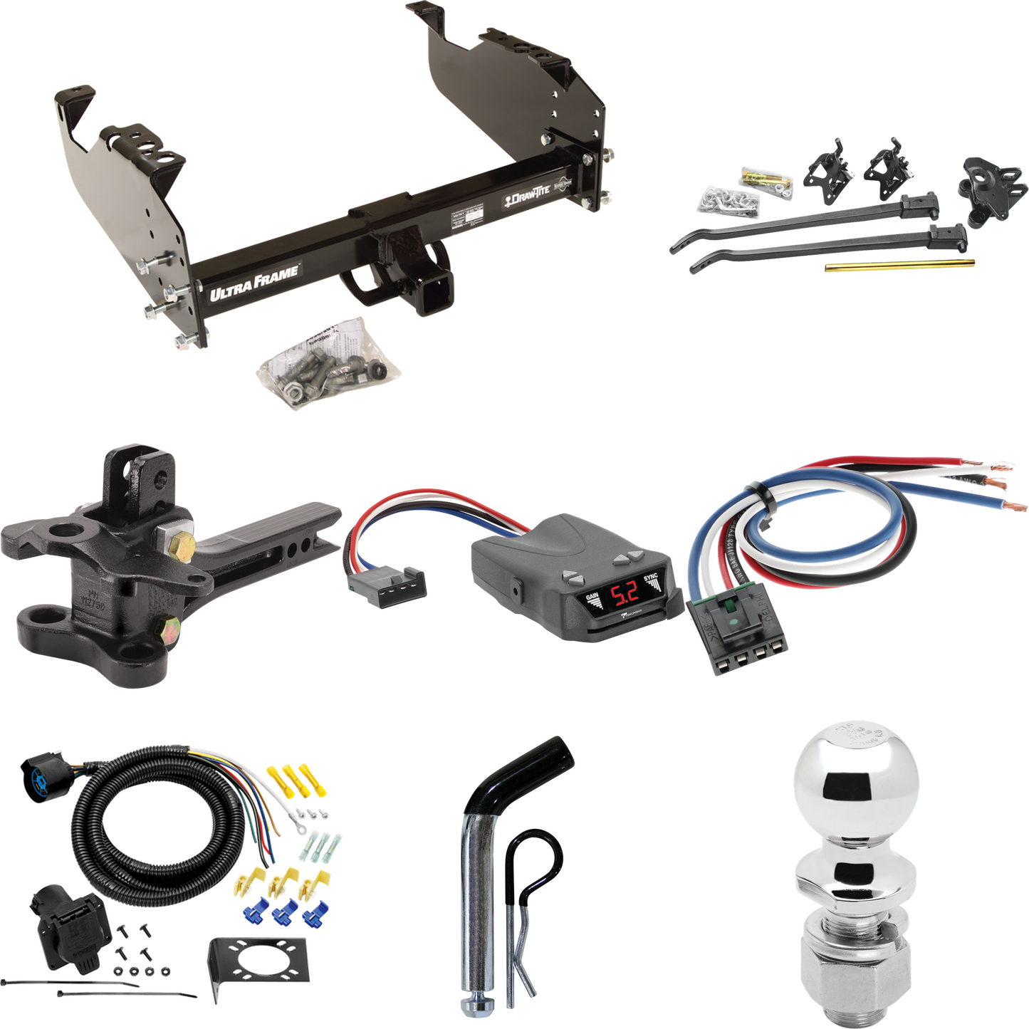 Fits 1988-1991 Chevrolet C3500 Trailer Hitch Tow PKG w/ 17K Trunnion Bar Weight Distribution Hitch + Pin/Clip + 2-5/16" Ball + Tekonsha Brakeman IV Brake Control + Generic BC Wiring Adapter + 7-Way RV Wiring (For Crew Cab Models) By Draw-Tite