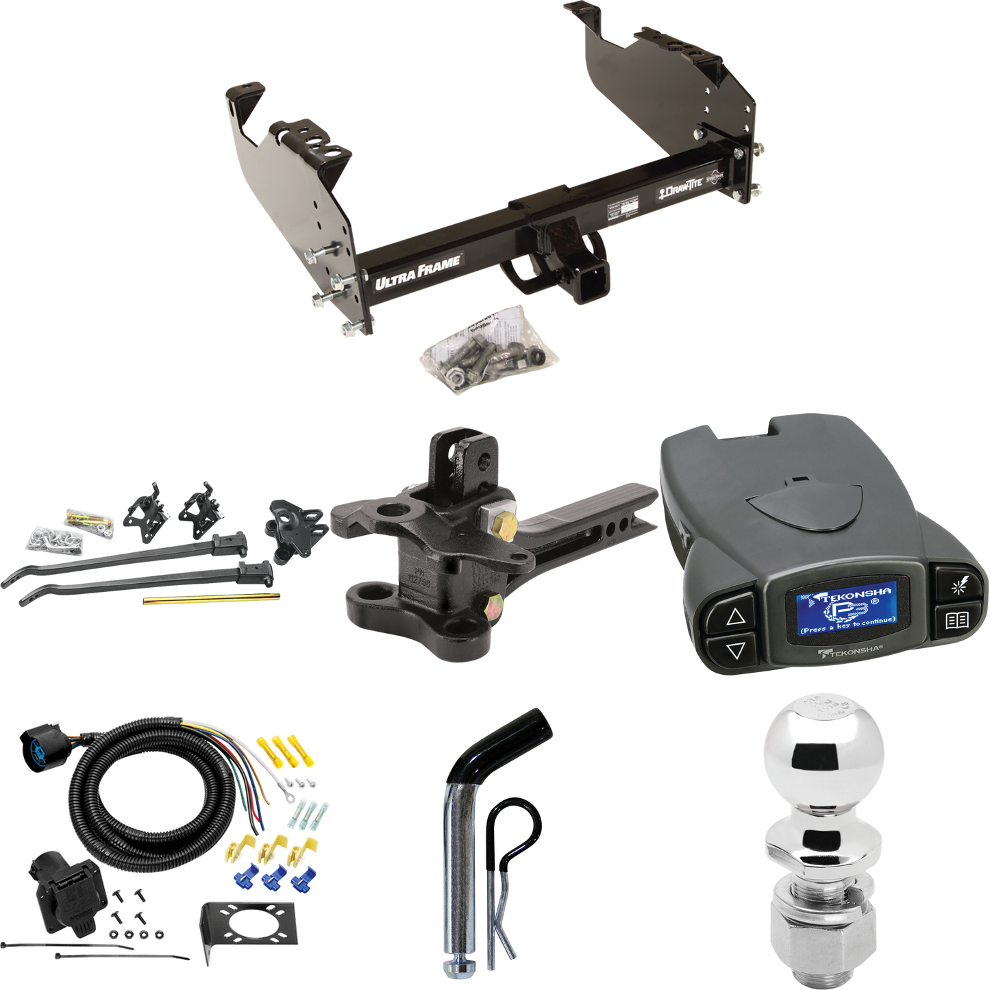 Fits 1999-2009 GMC C7500 Topkick Trailer Hitch Tow PKG w/ 17K Trunnion Bar Weight Distribution Hitch + Pin/Clip + 2-5/16" Ball + Tekonsha Prodigy P3 Brake Control + 7-Way RV Wiring (For Cab & Chassis, w/34" Wide Frames Models) By Draw-Tite