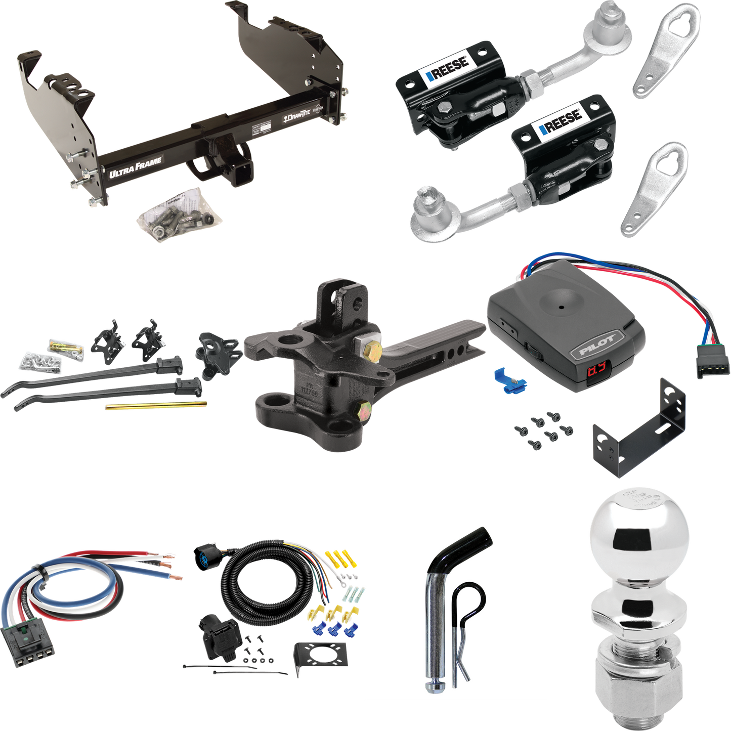 Fits 2003-2009 GMC C4500 Topkick Trailer Hitch Tow PKG w/ 17K Trunnion Bar Weight Distribution Hitch + Pin/Clip + Dual Cam Sway Control + 2-5/16" Ball + Pro Series Pilot Brake Control + Generic BC Wiring Adapter + 7-Way RV Wiring (For Cab & Chassis,