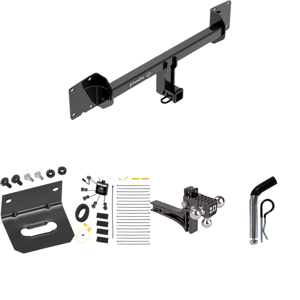 Fits 2016-2023 Tesla X Trailer Hitch Tow PKG w/ 4-Flat Zero Contact "No Splice" Wiring Harness + Adjustable Drop Rise Triple Ball Ball Mount 1-7/8" & 2" & 2-5/16" Trailer Balls + Pin/Clip + Wiring Bracket By Draw-Tite