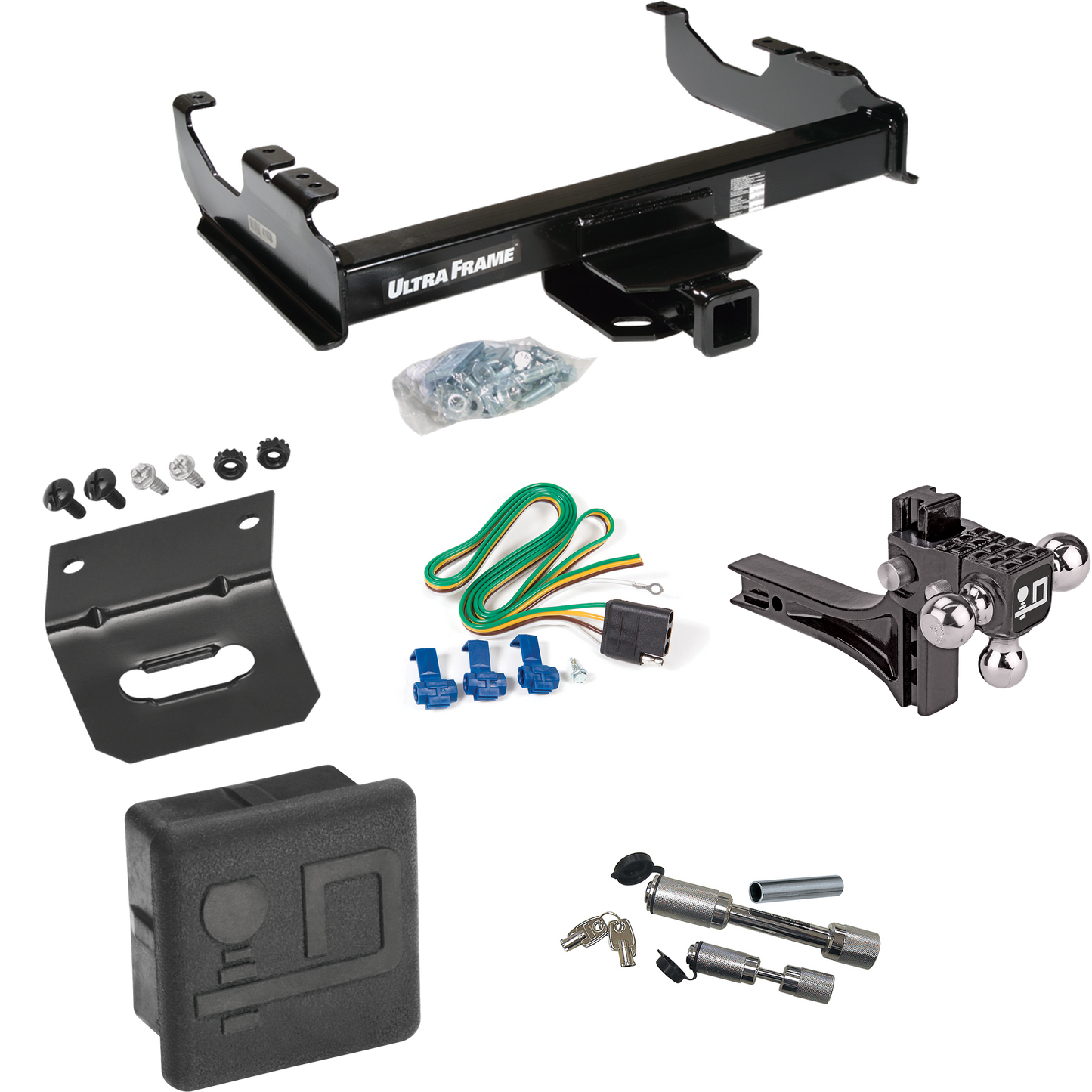 Fits 1963-1972 Chevrolet C30 Trailer Hitch Tow PKG w/ 4-Flat Wiring Harness + Adjustable Drop Rise Triple Ball Ball Mount 1-7/8" & 2" & 2-5/16" Trailer Balls + Dual Hitch & Coupler Locks + Hitch Cover + Wiring Bracket By Draw-Tite