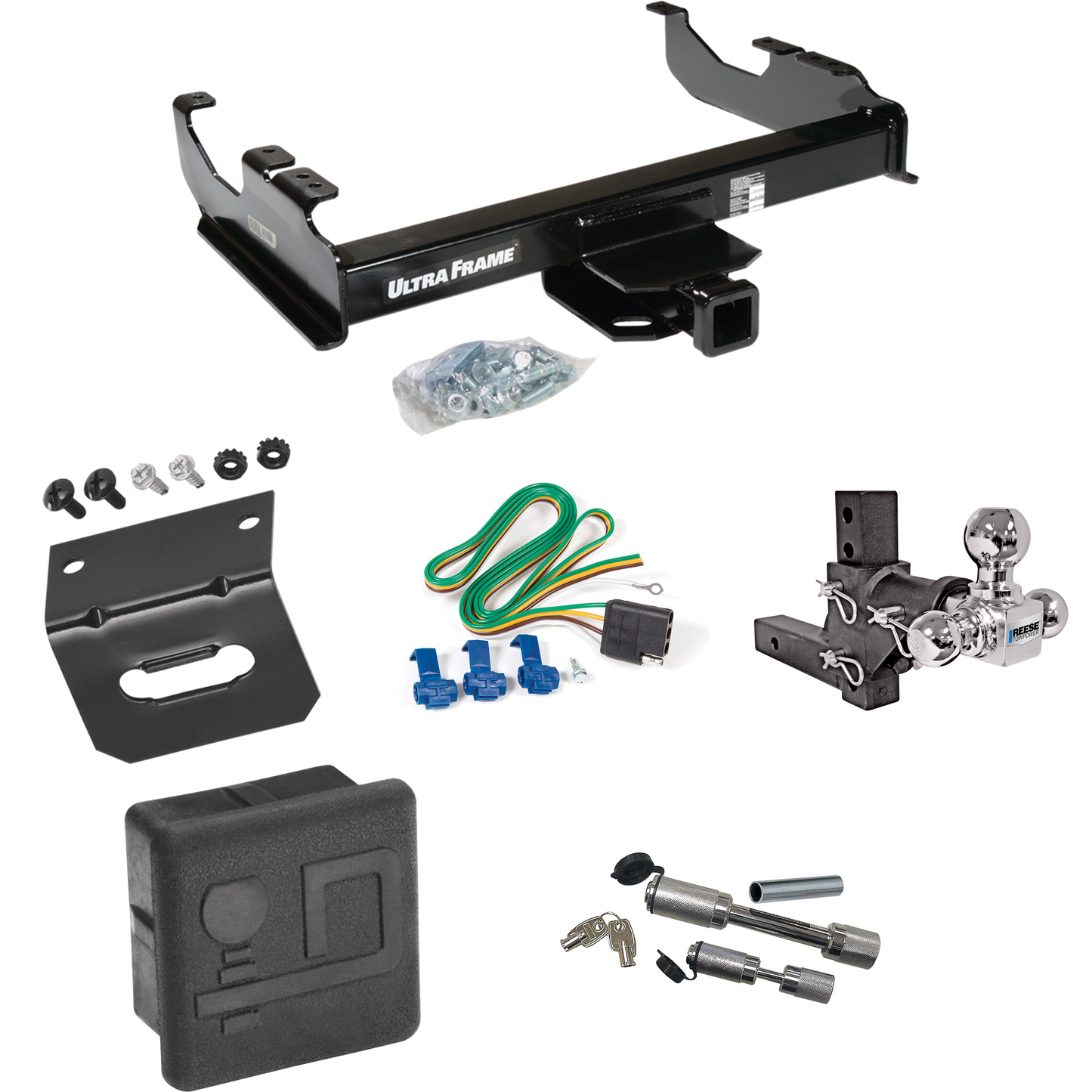 Fits 1985-1986 Chevrolet K20 Trailer Hitch Tow PKG w/ 4-Flat Wiring Harness + Adjustable Drop Rise Triple Ball Ball Mount 1-7/8" & 2" & 2-5/16" Trailer Balls + Dual Hitch & Coupler Locks + Hitch Cover + Wiring Bracket (For w/34" Wide Frames Models) B