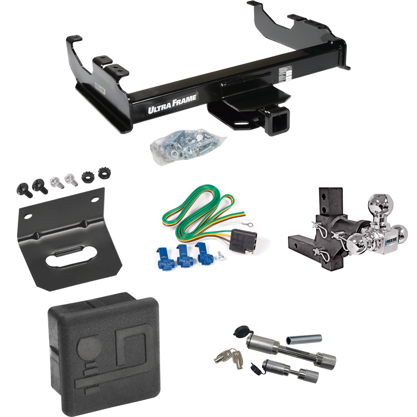 Fits 1963-1965 GMC 1000 Series Trailer Hitch Tow PKG w/ 4-Flat Wiring Harness + Adjustable Drop Rise Triple Ball Ball Mount 1-7/8" & 2" & 2-5/16" Trailer Balls + Dual Hitch & Coupler Locks + Hitch Cover + Wiring Bracket By Draw-Tite