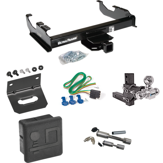 Fits 1988-2000 GMC K3500 Trailer Hitch Tow PKG w/ 4-Flat Wiring Harness + Adjustable Drop Rise Triple Ball Ball Mount 1-7/8" & 2" & 2-5/16" Trailer Balls + Dual Hitch & Coupler Locks + Hitch Cover + Wiring Bracket (For w/34" Wide Frames Models) By Dr