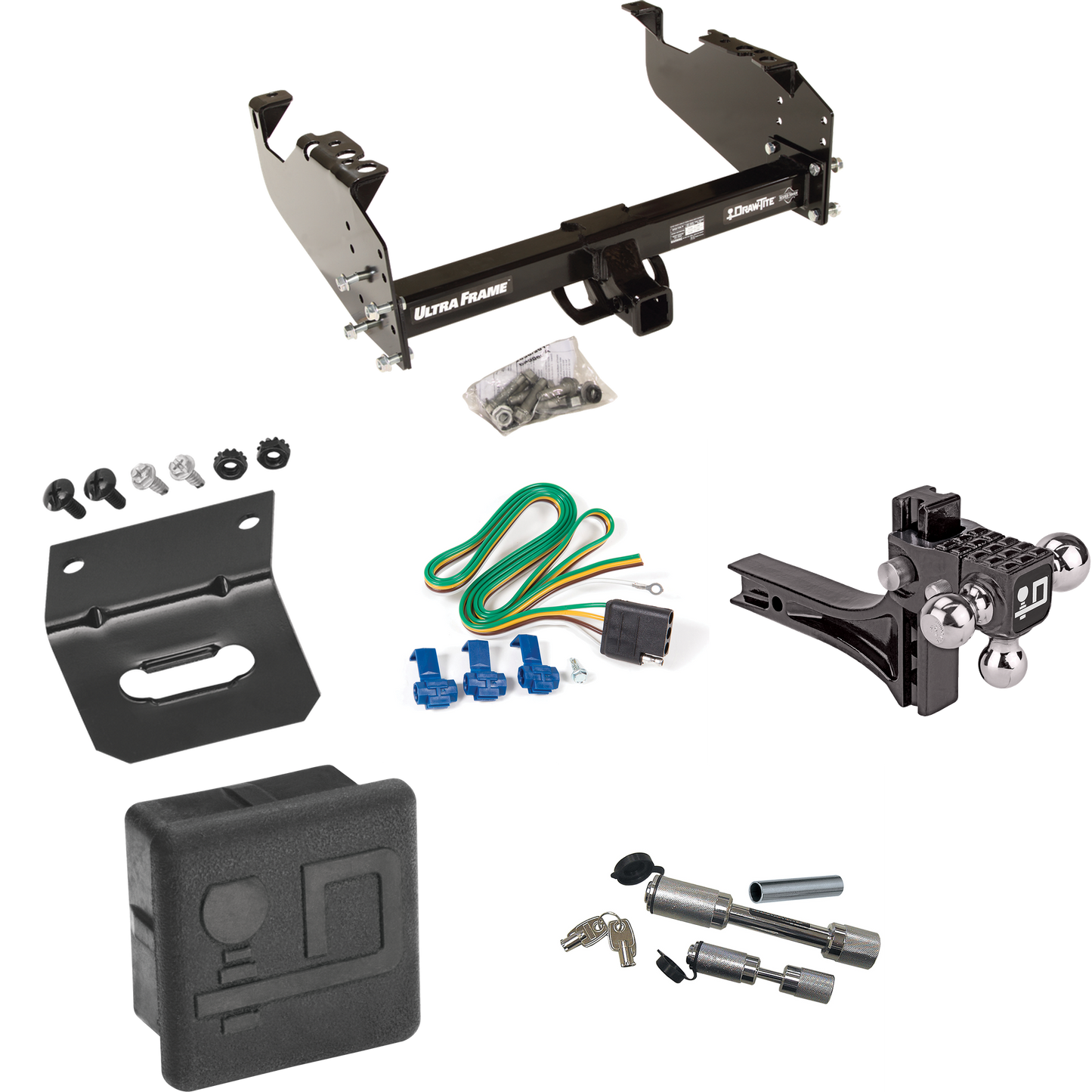 Fits 1963-1972 Chevrolet C20 Trailer Hitch Tow PKG w/ 4-Flat Wiring Harness + Adjustable Drop Rise Triple Ball Ball Mount 1-7/8" & 2" & 2-5/16" Trailer Balls + Dual Hitch & Coupler Locks + Hitch Cover + Wiring Bracket By Draw-Tite