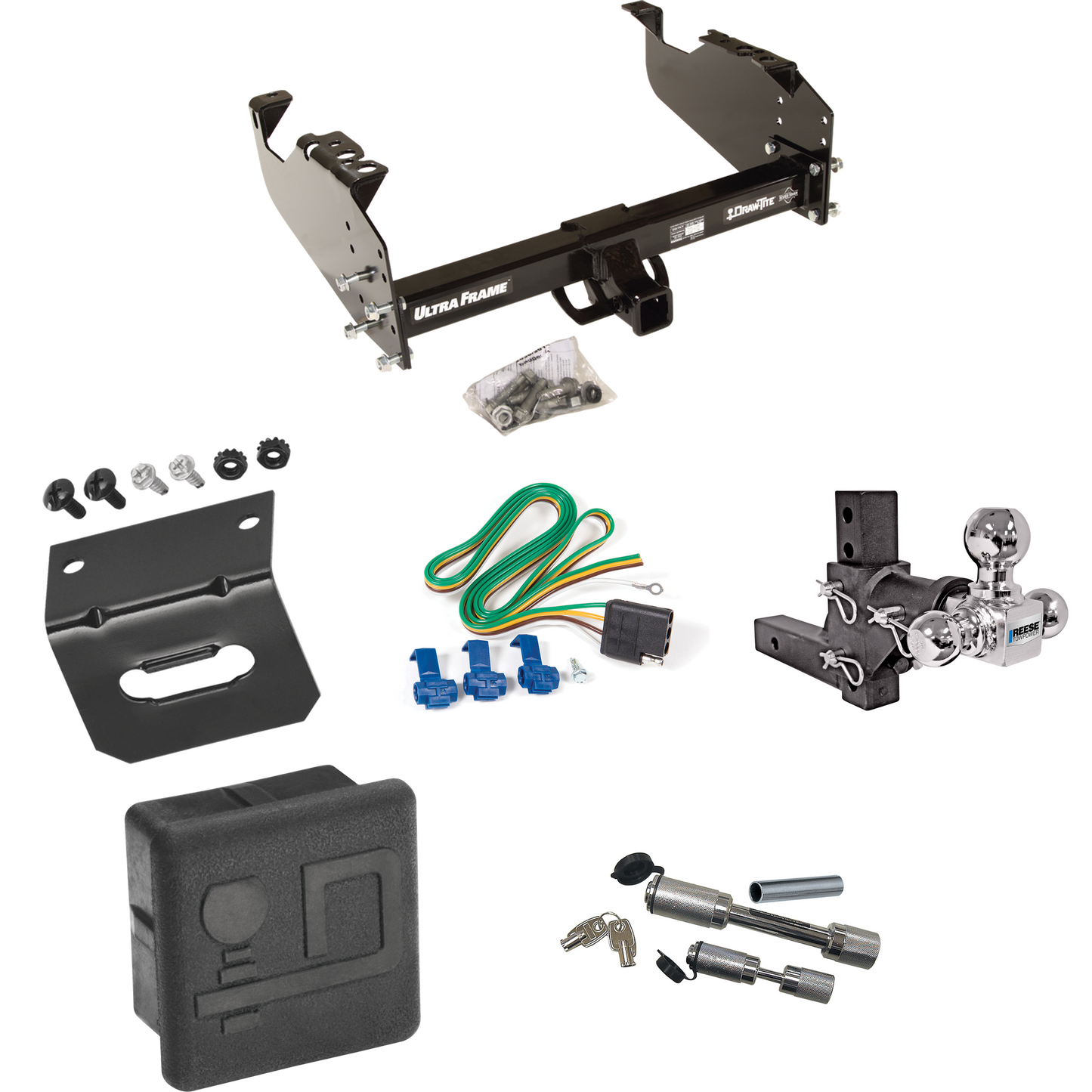 Fits 1963-1972 Chevrolet K20 Trailer Hitch Tow PKG w/ 4-Flat Wiring Harness + Adjustable Drop Rise Triple Ball Ball Mount 1-7/8" & 2" & 2-5/16" Trailer Balls + Dual Hitch & Coupler Locks + Hitch Cover + Wiring Bracket By Draw-Tite