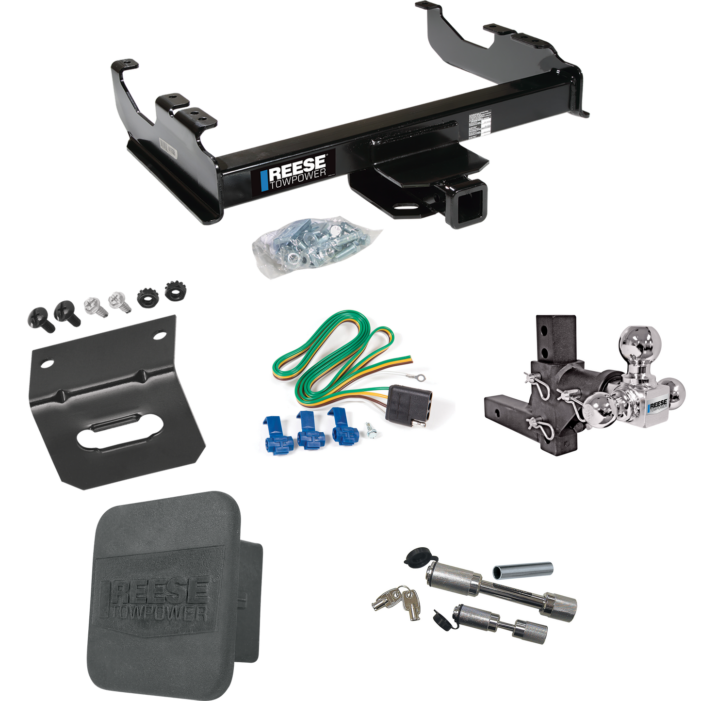 Fits 1985-1986 Chevrolet K30 Trailer Hitch Tow PKG w/ 4-Flat Wiring Harness + Adjustable Drop Rise Triple Ball Ball Mount 1-7/8" & 2" & 2-5/16" Trailer Balls + Dual Hitch & Coupler Locks + Hitch Cover + Wiring Bracket (For w/34" Wide Frames Models) B