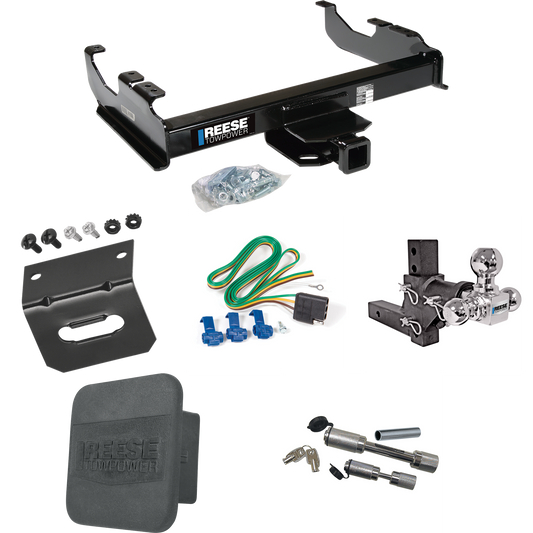 Fits 1985-1986 Chevrolet K30 Trailer Hitch Tow PKG w/ 4-Flat Wiring Harness + Adjustable Drop Rise Triple Ball Ball Mount 1-7/8" & 2" & 2-5/16" Trailer Balls + Dual Hitch & Coupler Locks + Hitch Cover + Wiring Bracket (For w/34" Wide Frames Models) B