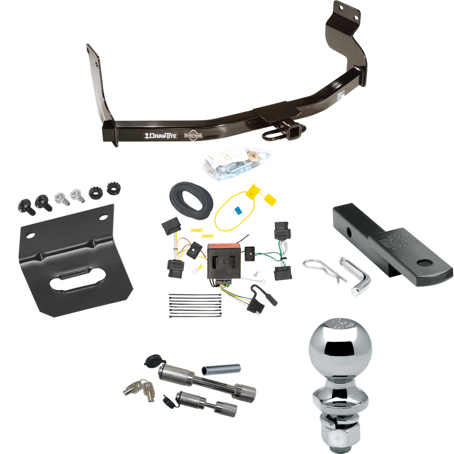 Se adapta al paquete de remolque con enganche para remolque Ford Escape 2008-2012 con arnés de cableado plano de 4 + barra de tracción + bola de 2" + soporte de cableado + enganche doble y cerraduras de acoplador de Draw-Tite