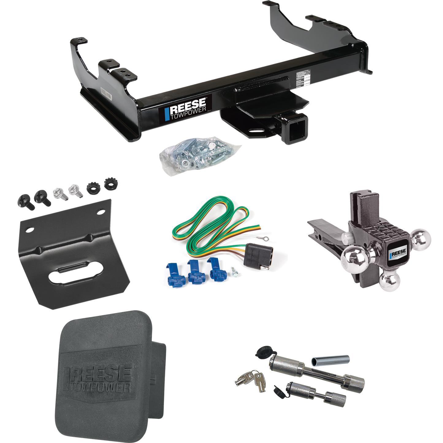 Fits 1963-1972 Chevrolet K20 Trailer Hitch Tow PKG w/ 4-Flat Wiring Harness + Adjustable Drop Rise Triple Ball Ball Mount 1-7/8" & 2" & 2-5/16" Trailer Balls + Dual Hitch & Coupler Locks + Hitch Cover + Wiring Bracket By Reese Towpower