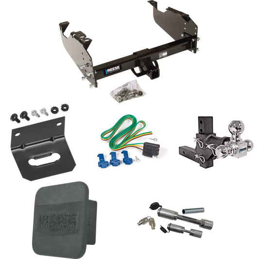 Fits 1988-1991 Chevrolet C3500 Trailer Hitch Tow PKG w/ 4-Flat Wiring Harness + Adjustable Drop Rise Triple Ball Ball Mount 1-7/8" & 2" & 2-5/16" Trailer Balls + Dual Hitch & Coupler Locks + Hitch Cover + Wiring Bracket (For Crew Cab Models) By Reese